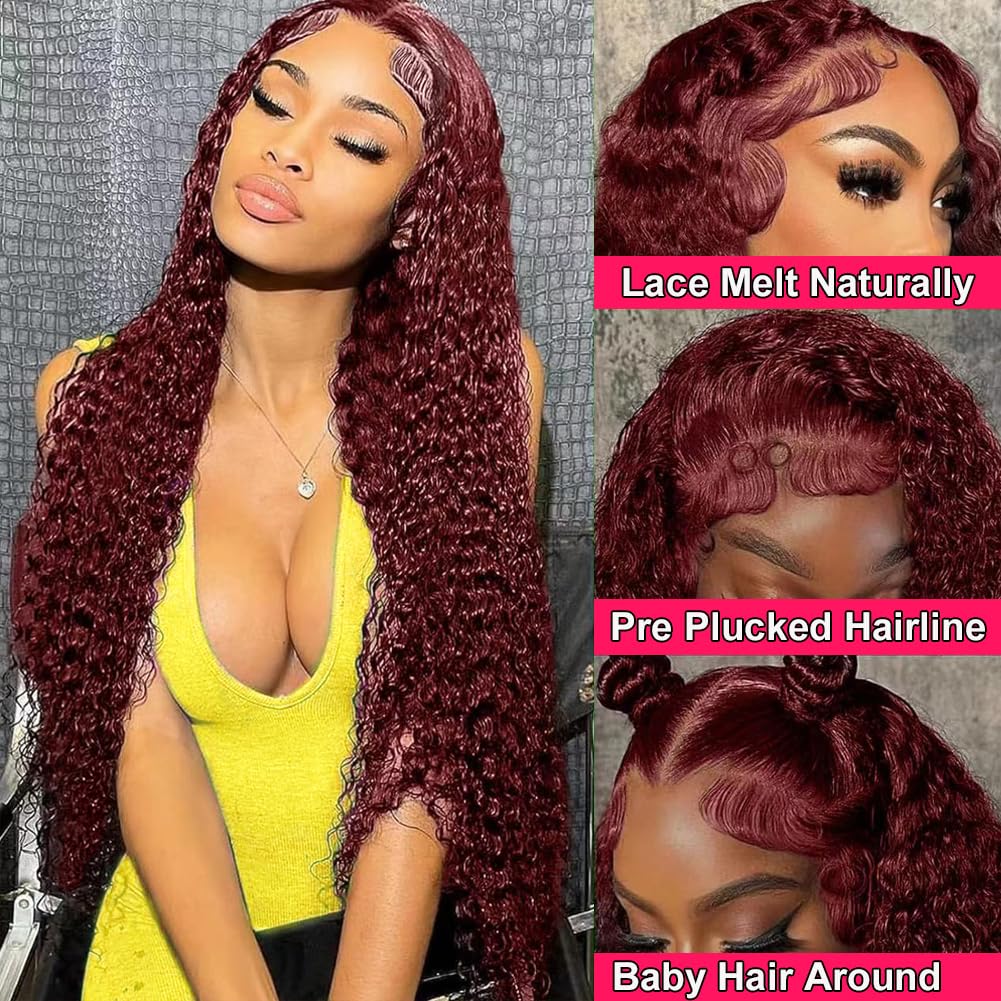 99J Burgundy Water Wave Lace Front Wigs Human Hair 13x4 180% Density Transparent Lace Frontal Wigs Curly Wigs for Women Red Deep Wigs Pre Plucked with Baby Hair 99j Lace Front Wigs(30 inch)
