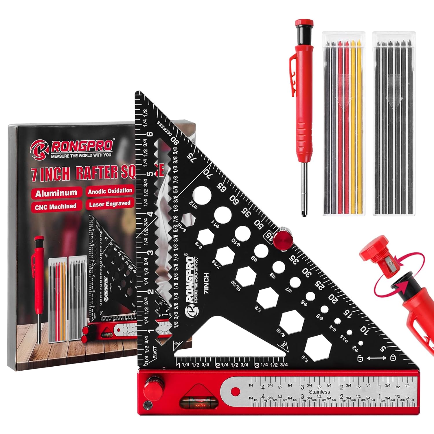 8 in 1 Rafter Square with Carpenter Pencil, Multi-Purpose Carpenter Square Tools: Square, Protractor, Steel Ruler, MarkingGauge, T-Bevel Gauge, Bubble Level Black 7inch with pencil