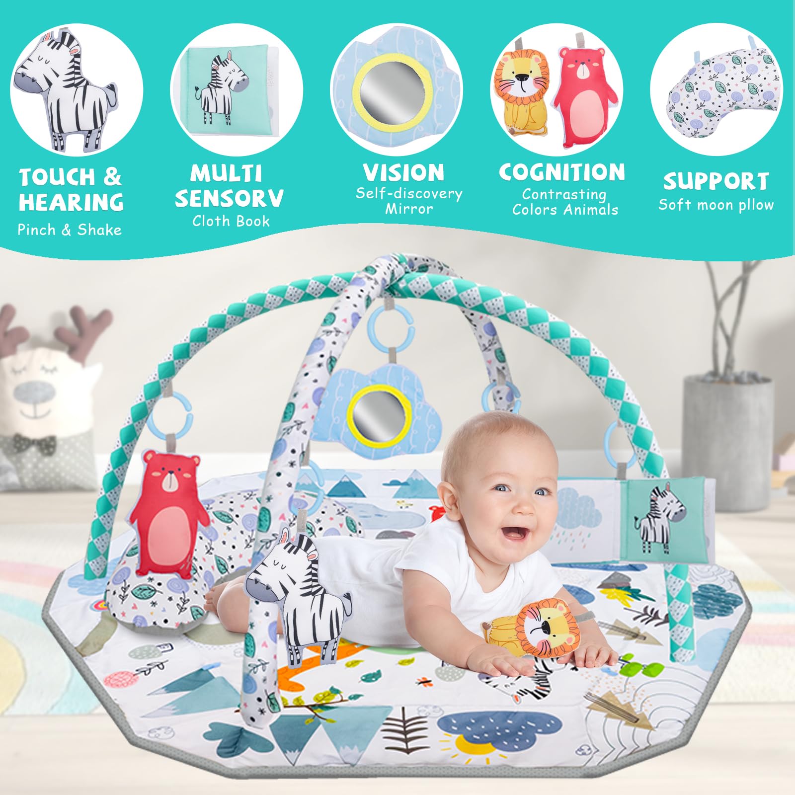6 in 1 Palestrina Neonato Multifunzione, Tappeto Giochi Neonato, Giocattoli Staccabili, Stimola Sviluppo del Neonato con Tante Attività, Arco di Gioco, 0+ Mesi