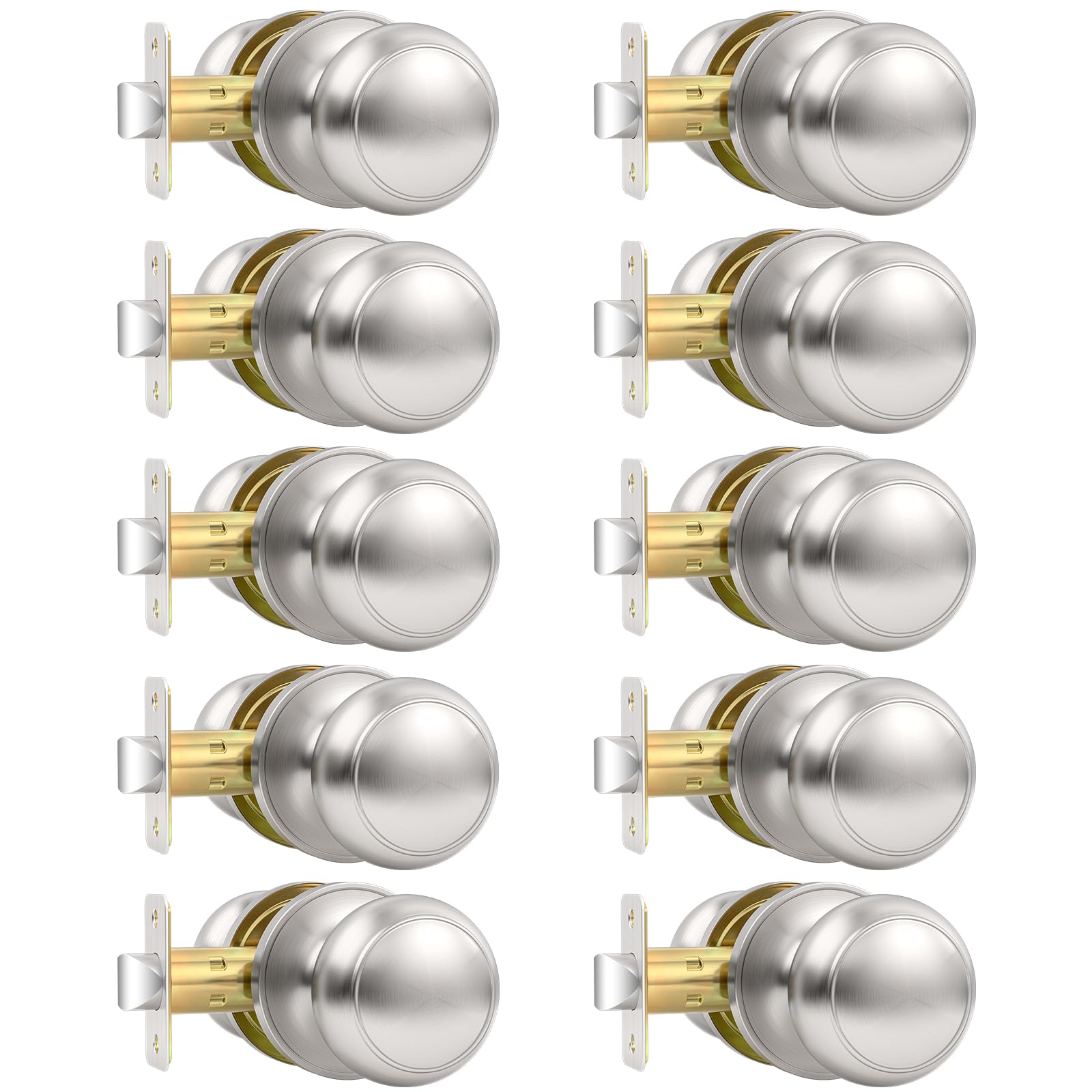 Vesmikit 10 Pack Brushed Nickel Door Knob, Round Interior Door Knobs for Hallway Closet, Non-Locking Passage Door Knobs, Keyless Door Handles for Left/Right Handle Doors