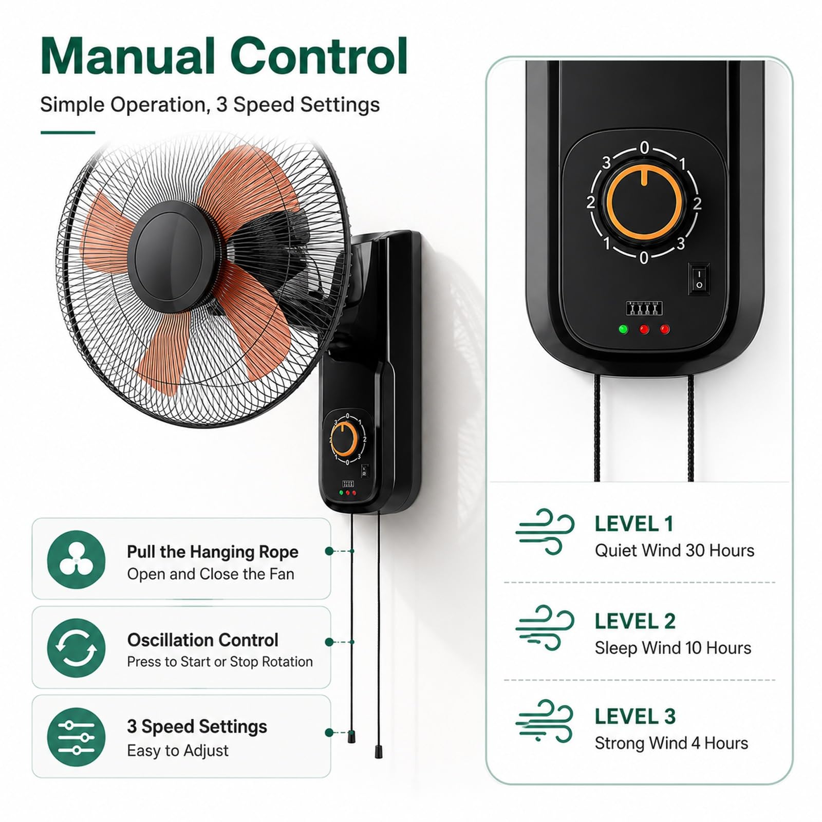 Ventilador Solar de Pared, Ventilador Oscilante y Silencioso de 16 Pulgadas, Sin Consumo Eléctrico, 5 Aspas y 3 Velocidades, para el Hogar, Invernaderos, Garajes y Patios