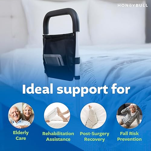 Miniatura 7 de HONEYBULL Rieles de cama para adultos mayores, riel de asistencia de cama médica con barra de apoyo, bolsa de almacenamiento y correa de seguridad,