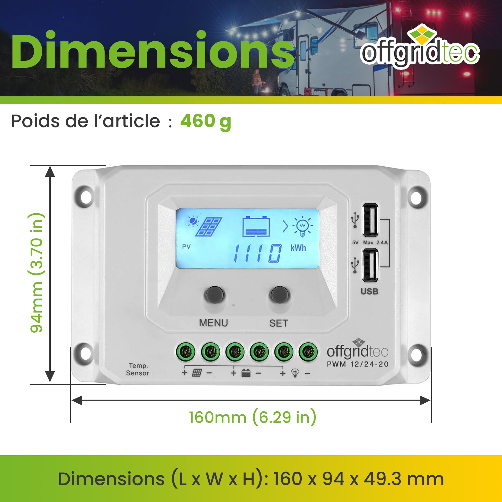 Offgridtec PWM Pro Régulateur de charge USB 12 V/24 V 20 A