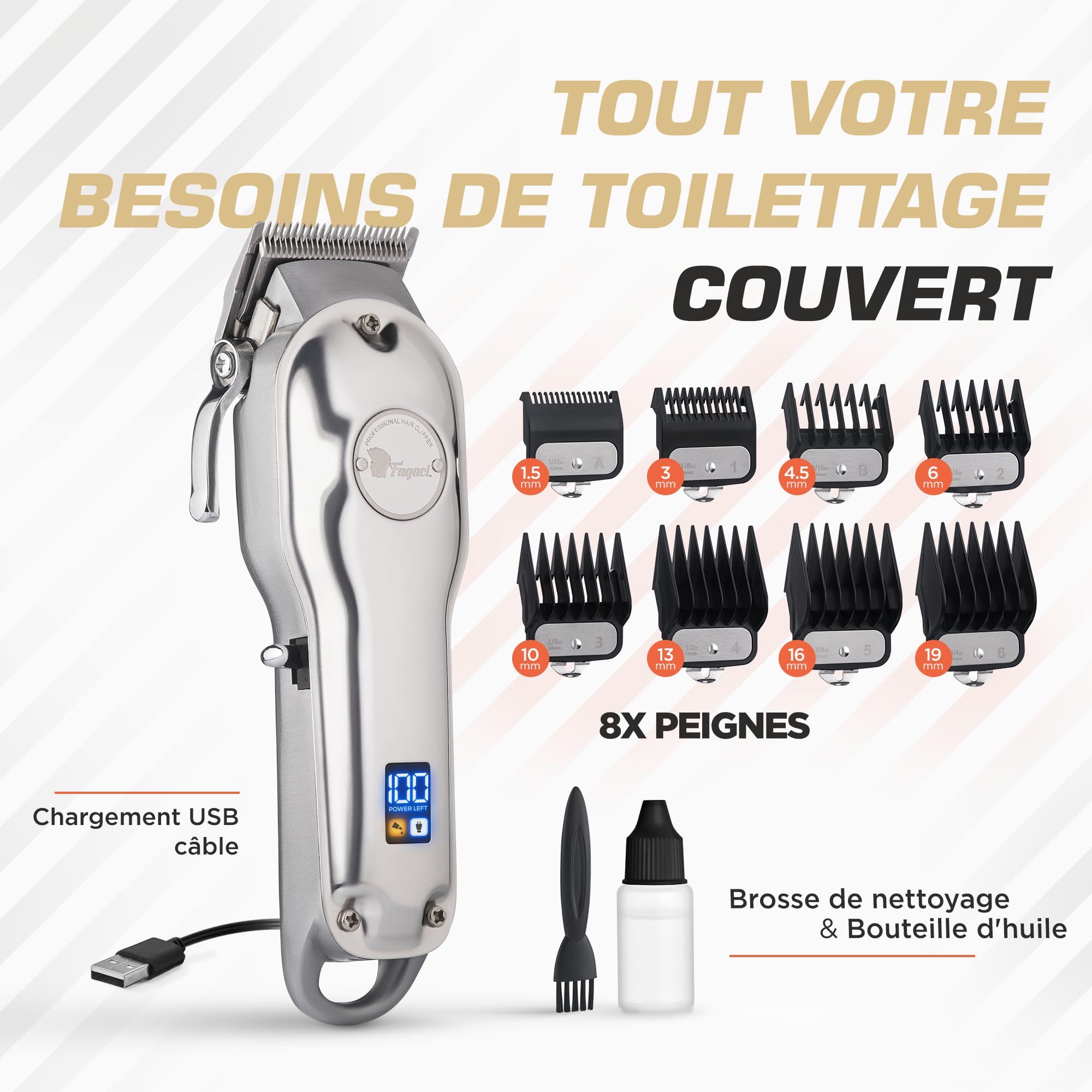 Fagaci Tondeuse à Cheveux Électrique Professionnelle Sans Fil Hommes