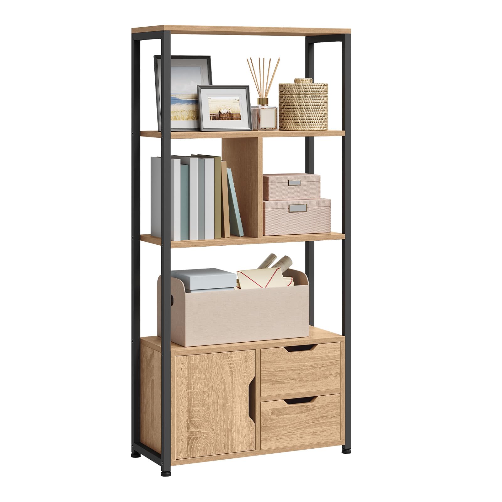 WOLTU Standregal Bücherregal Bücherschrank Küchenregal Büroregal Schuhregal Eisenrahmen Regal mit Schrank und Schubladen für Büro, Wohnzimmer, MDF Metall 58x24x120cm, Hell Eiche RGB09hei