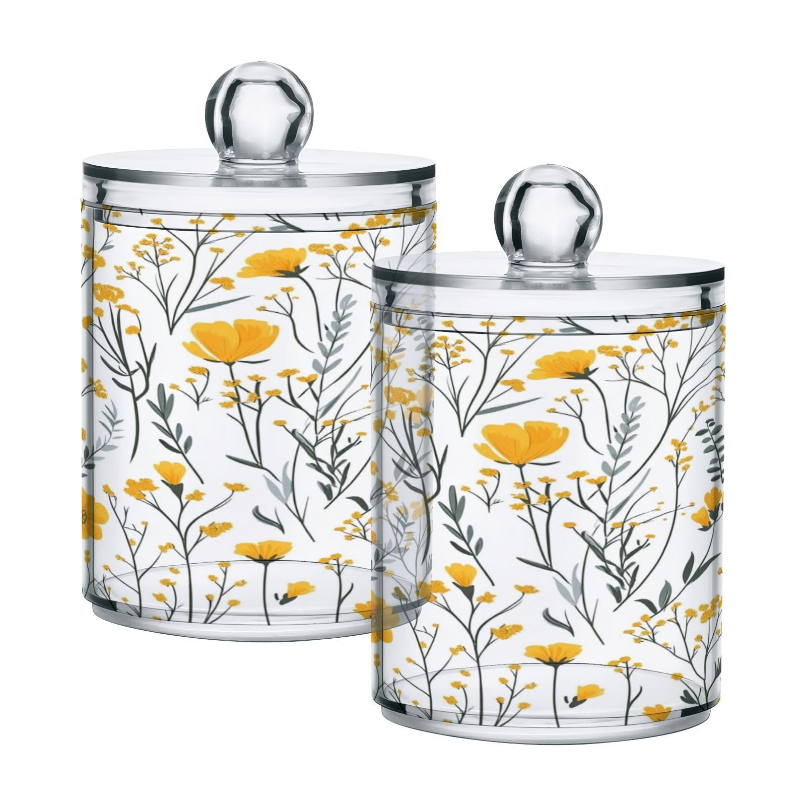 Ewusp Yellow Flowers Qtip Holder 2 PCS Clear Plastic Apothecary Jars with Lid Cotton Pad Holder Dispenser Cotton Bud Holder Bathroom Storage Container Makeup Organiser