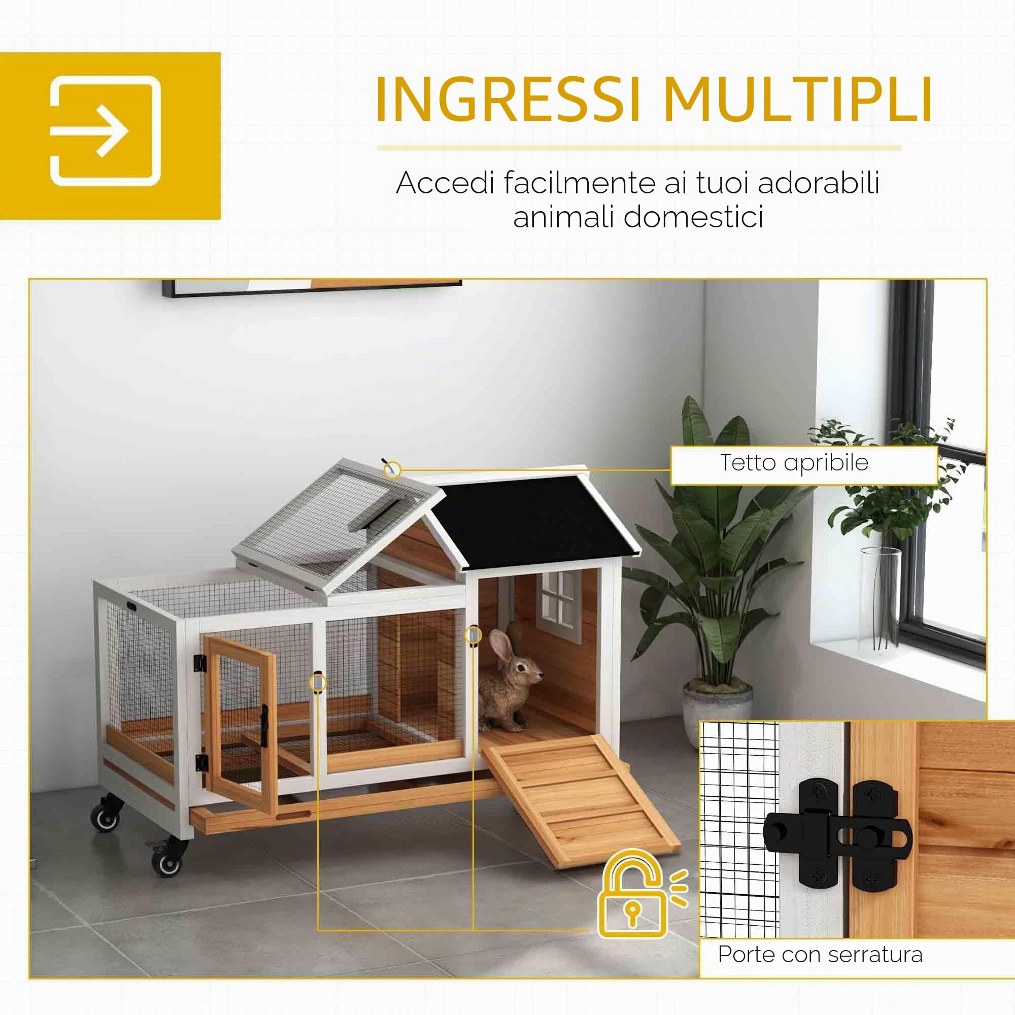 PawHut Conigliera su ruote 2 porte con serratura e cassetto per gli escrementi - dim. 108L x 58L x 73,5H cm - legno giallo