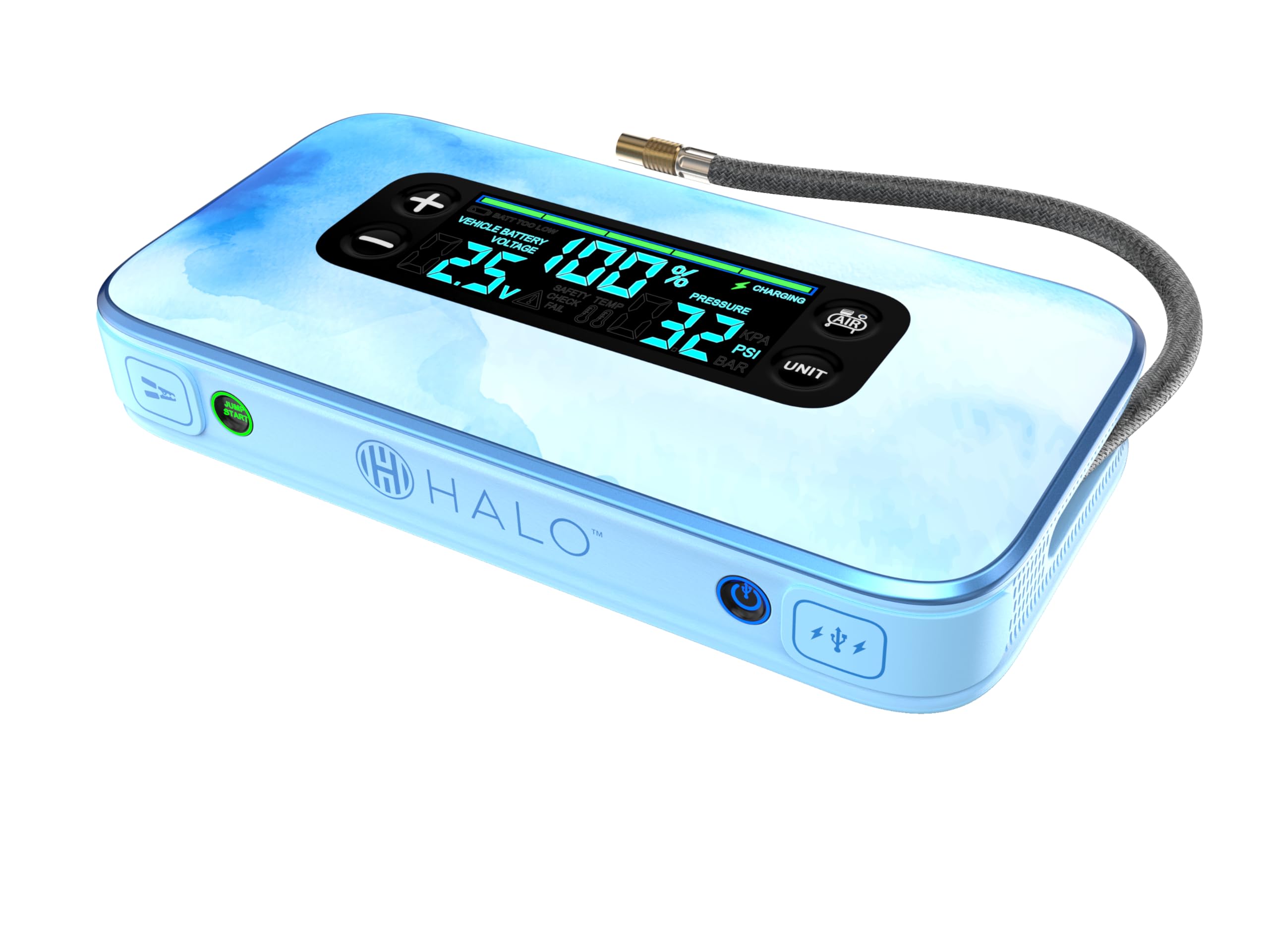HALO Bolt Ultimate 3 Portable Car Battery Jump Starter | 130 PSI Air Compressor, 55.5Wh USB Power Bank, Large Display, Emergency Floodlight & Charger, Jumps Cars SUVs & Trucks, Inflates Tires — Blue