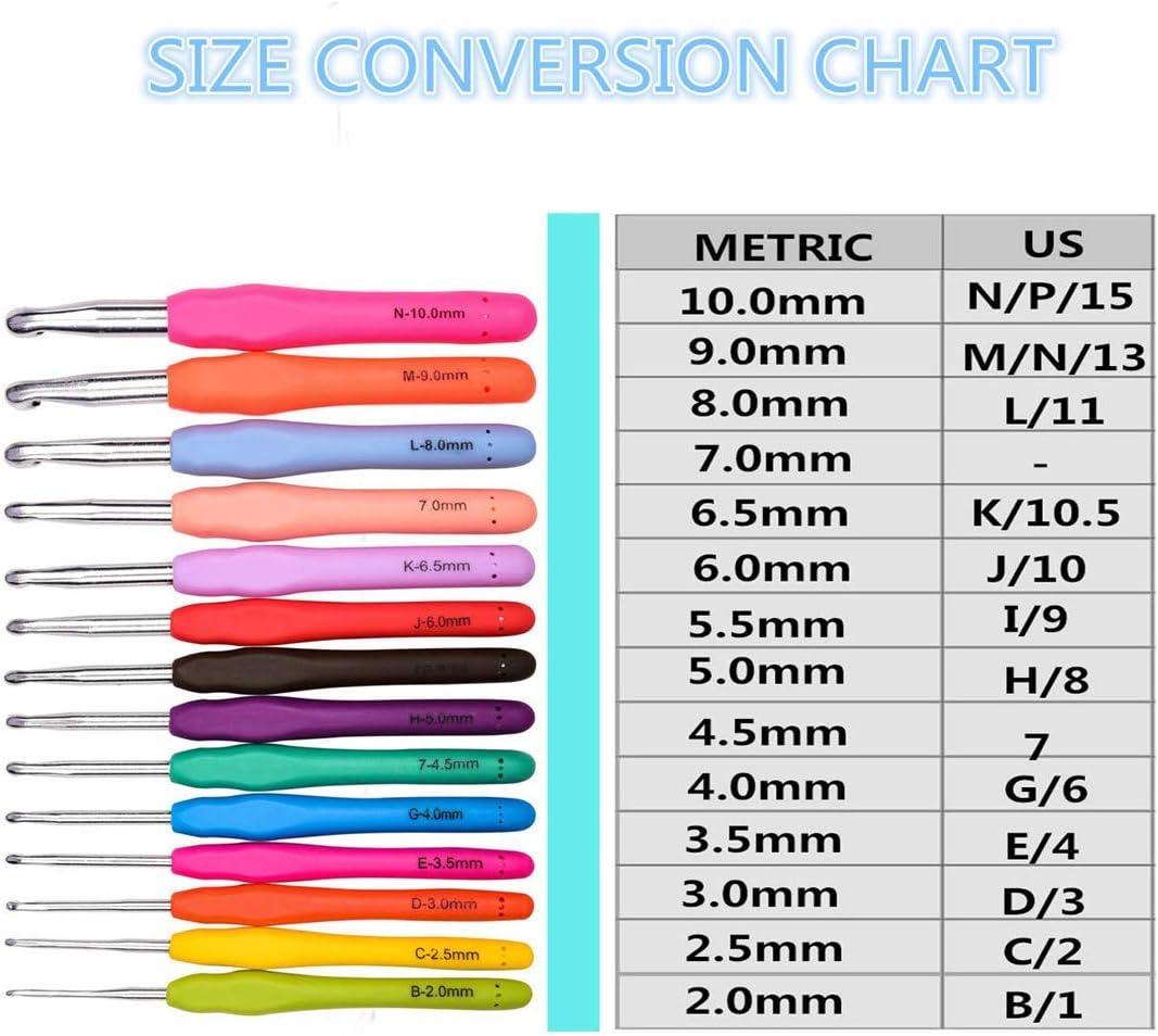 14 Sizes Crochet Hooks Set 2mm(B)-10mm(N) Ergonomic Crochet Hooks with Case for Arthritic Hands,Extra Long Crochet Needles