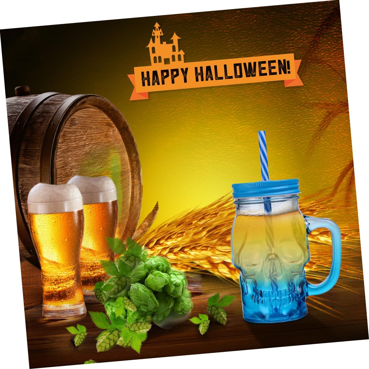 MAGICLULU 2pcs 500ml Gradient Blue Skull Wine Glasses with Handle, Halloween Party Beer Drinkware Set, Glass Beverage Tumblers for Seasonal Decoration and Themed Events Random Color