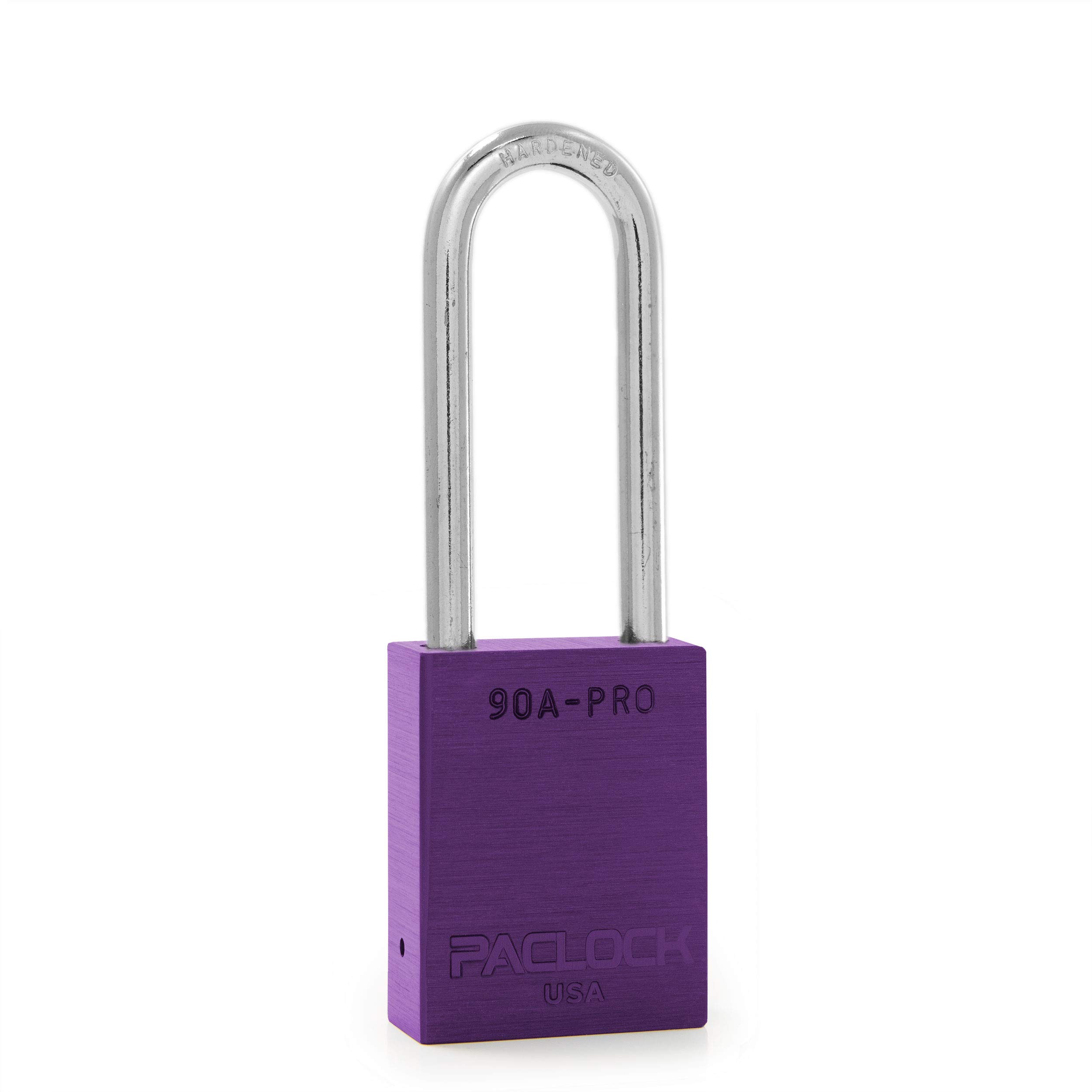 PACLOCK's 90A-PRO Padlock, 1/4" Diameter Hard. Steel Shackle, 2-1/2" Tall, High Performance 7-Pin Cylinder w/ 1 Key, Keyed Differently, Purple