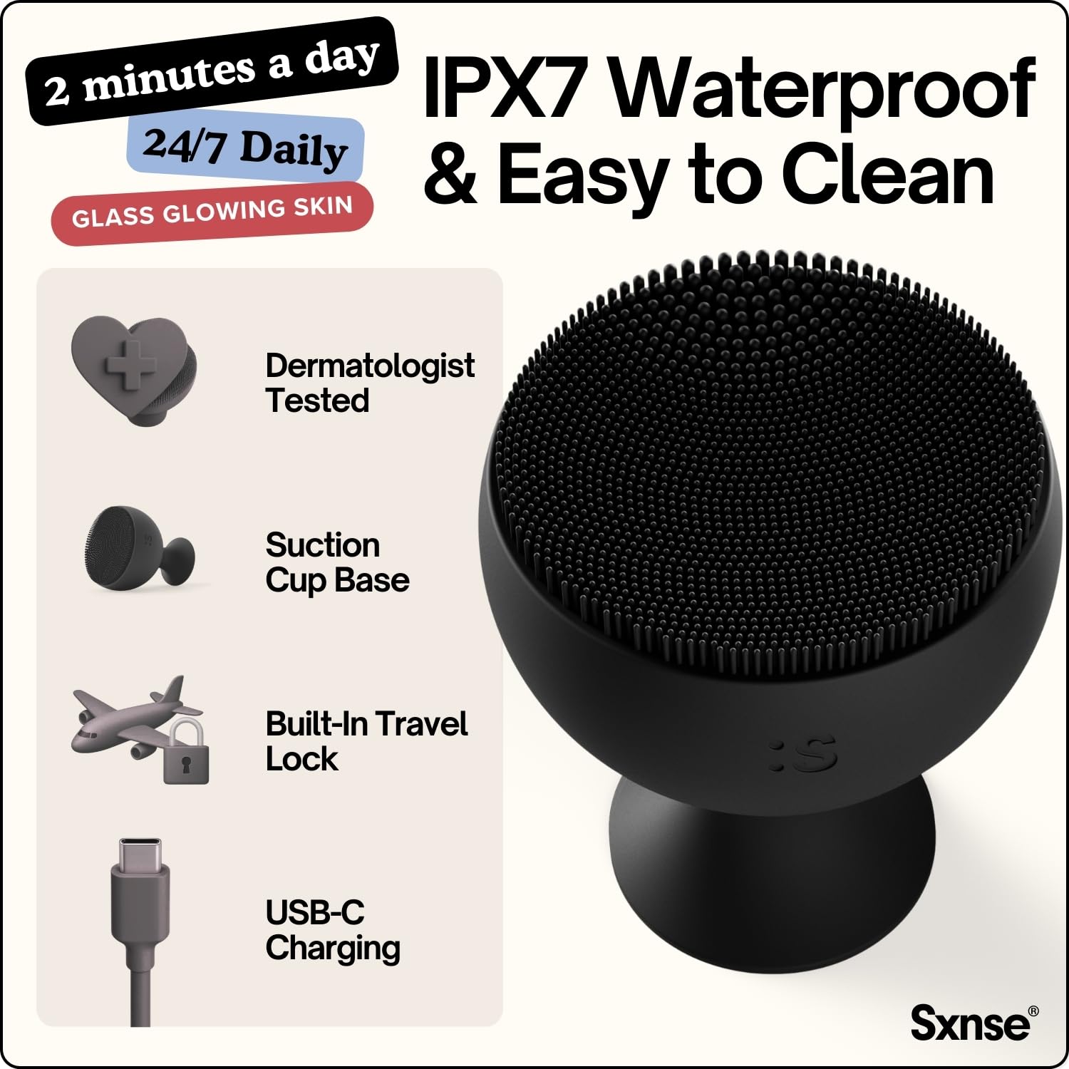 Sxnse Palm Silicone Face Scrubber – Cepillo eléctrico compacto de limpieza facial para acné, poros y maquillaje – Exfoliador facial impermeable con 3 velocidades – Herramienta recargable para el