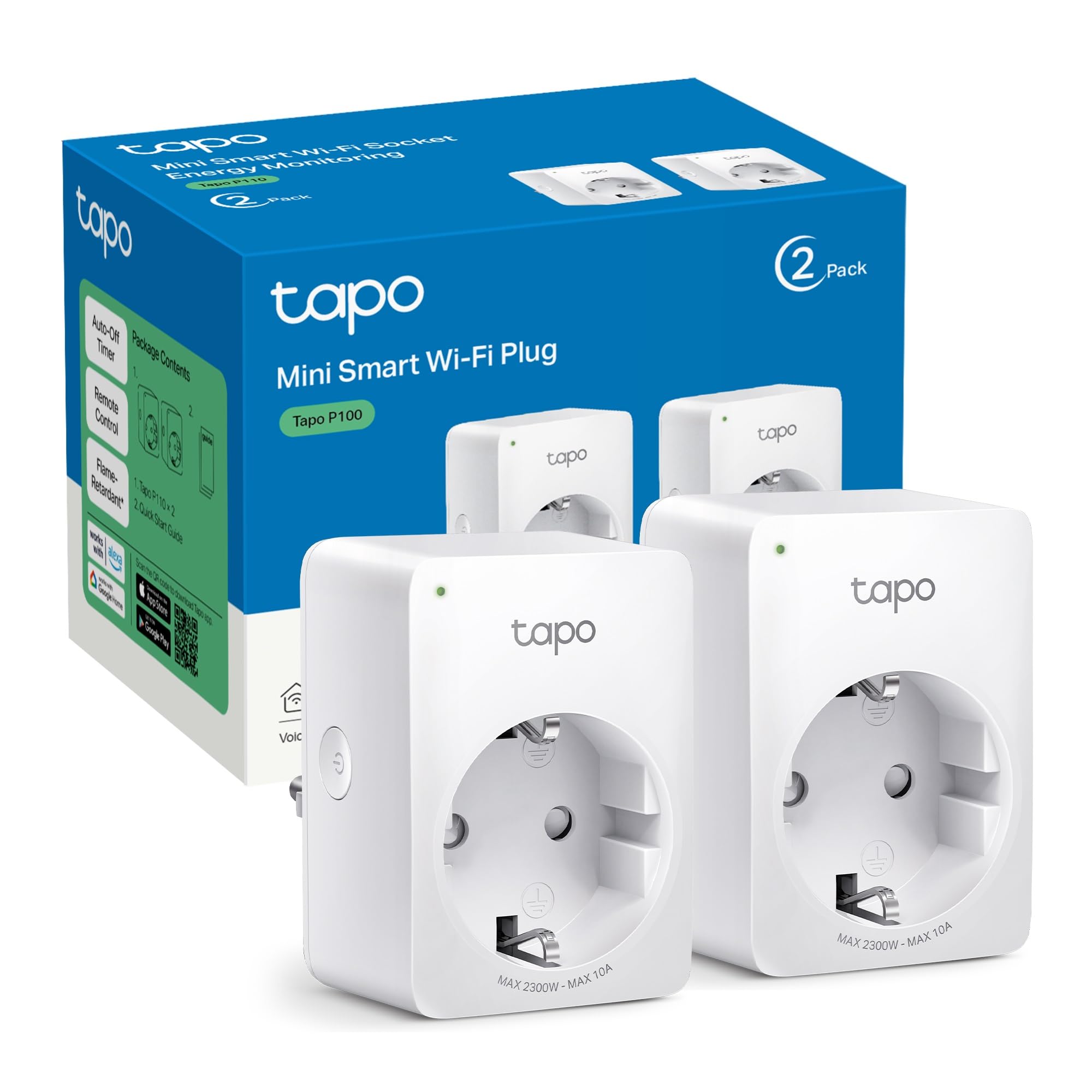 Tapo P100 (2 paquetes) – Mini enchufe inteligente Wi-Fi, óptimo para programar encendido/apagado y ahorro de energía, no necesita concentrador, compatible con Alexa y Google Home, blanco