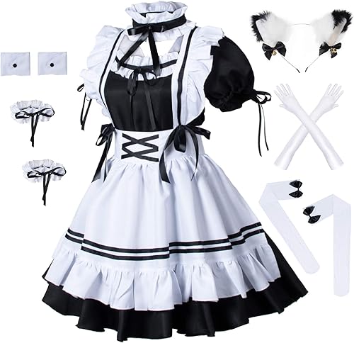 Juego disfraz anime de sirvienta francesa con set de medias y orejas de gato peludas, disfraz elegante de lolita para cosplay, Negro-blanco, M