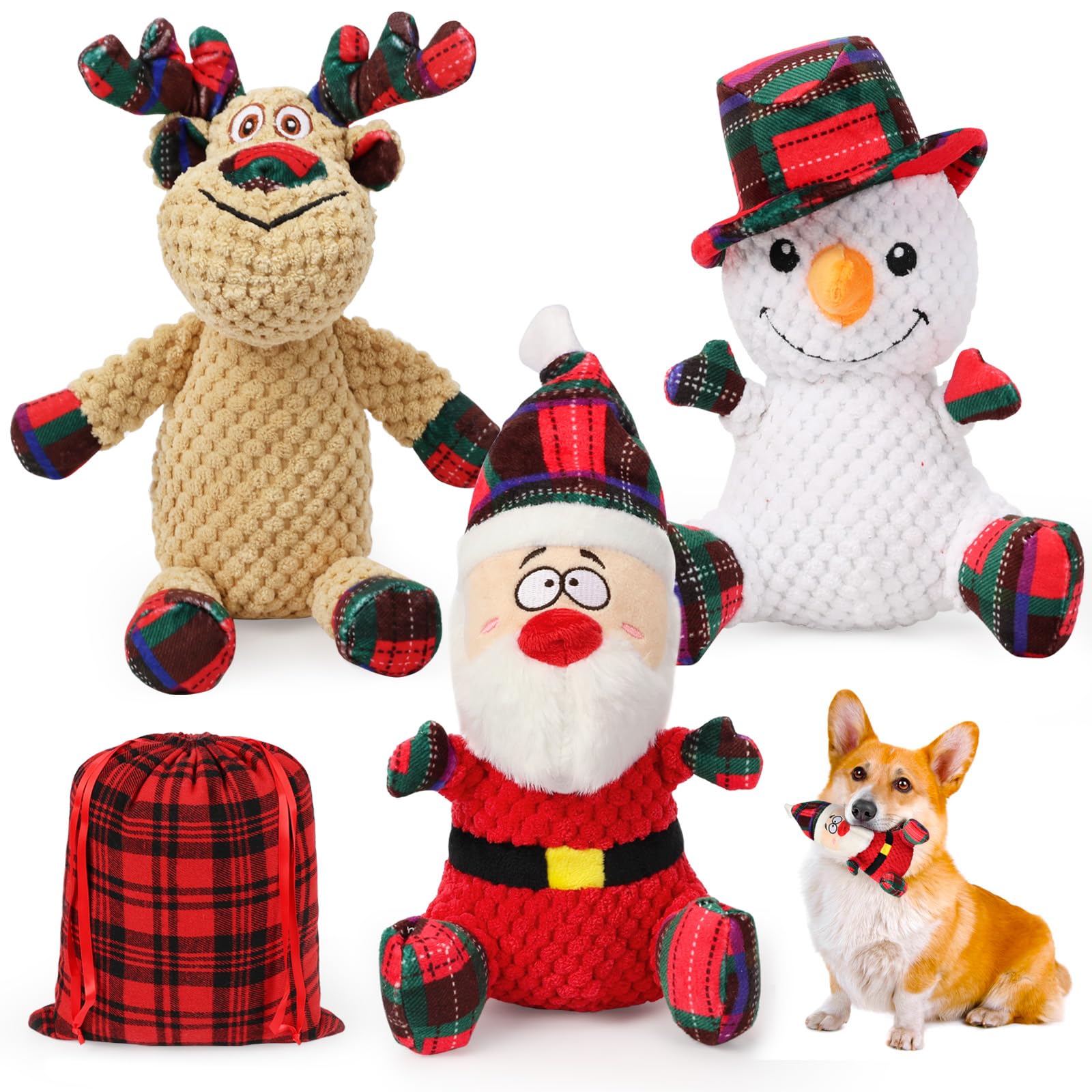 SZEE Dog Christmas Toys for Medium Big Pets 3 Pack Premium Dog Gifts Christmas Doggy Plush Squeaky Chew