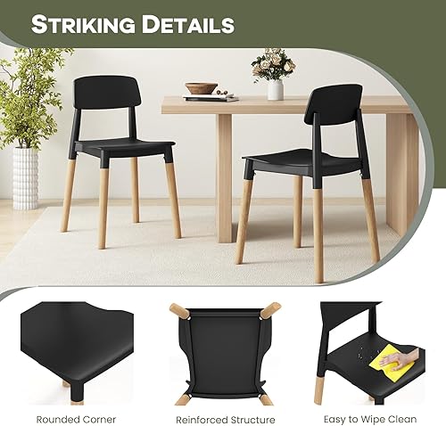 Miniatura 6 de NAFORT Juego de 4 sillas de comedor, modernas sillas de cocina negras con patas de madera maciza, respaldo ergonómico, asiento moldeado más ancho,