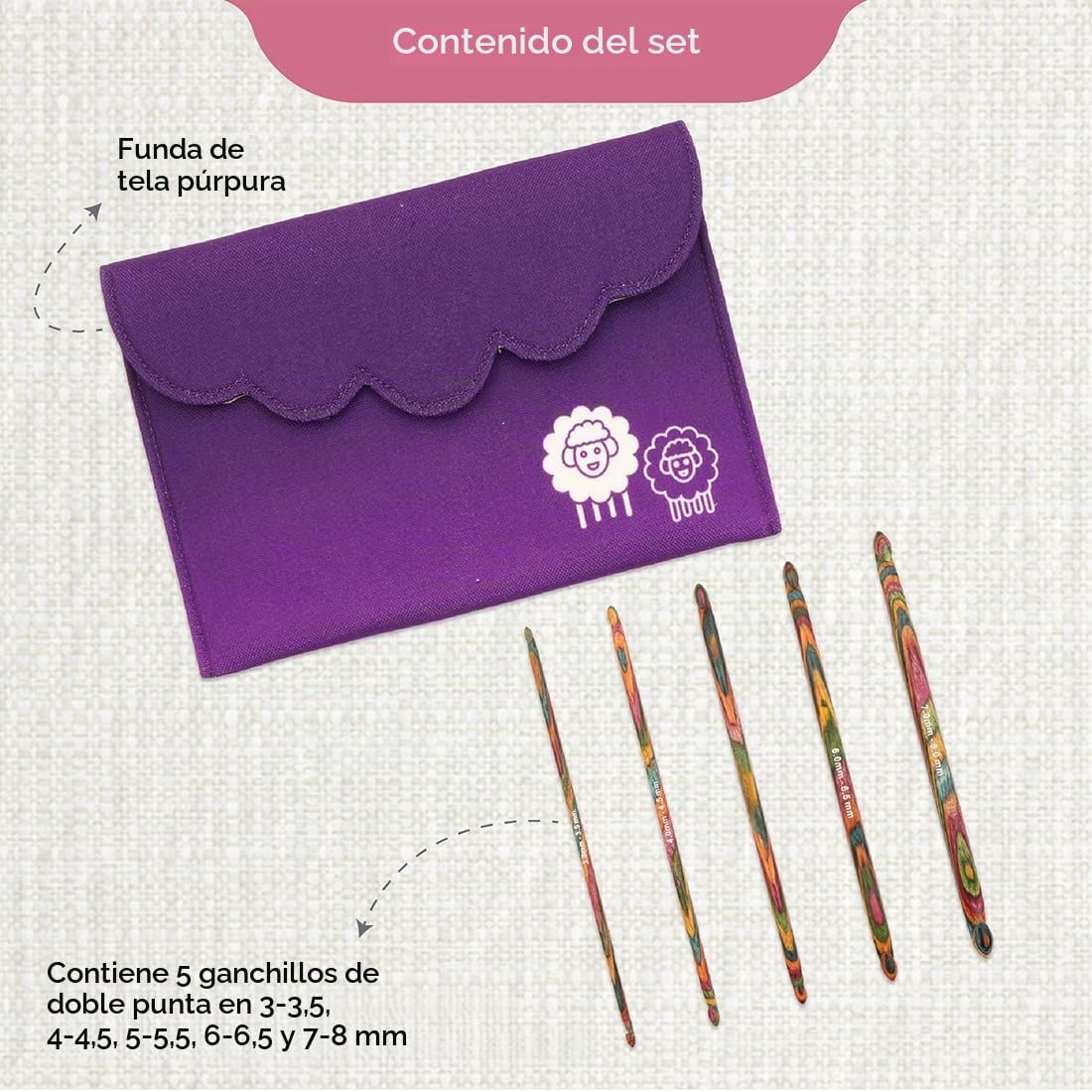 KnitPro Set de Agujas de Ganchillo - Symfonie, Madera de Doble Punta 3-3.5, 4-4.5, 5-5.5, 6-6.5 y 7-8mm