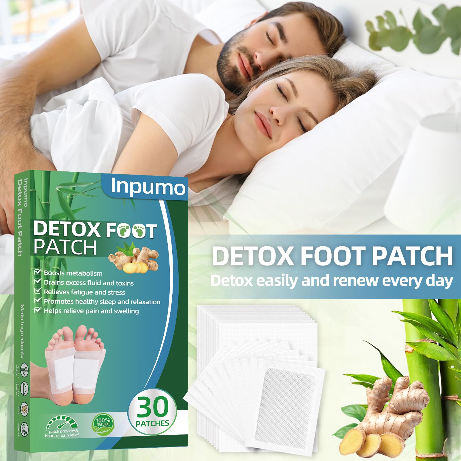 Inpumo Parches de desintoxicación para pies, almohadillas orgánicas naturales para eliminar toxinas, aliviar el estrés corporal, eliminar toxinas, limpieza profunda, mejorar la calidad del sueño — view 7