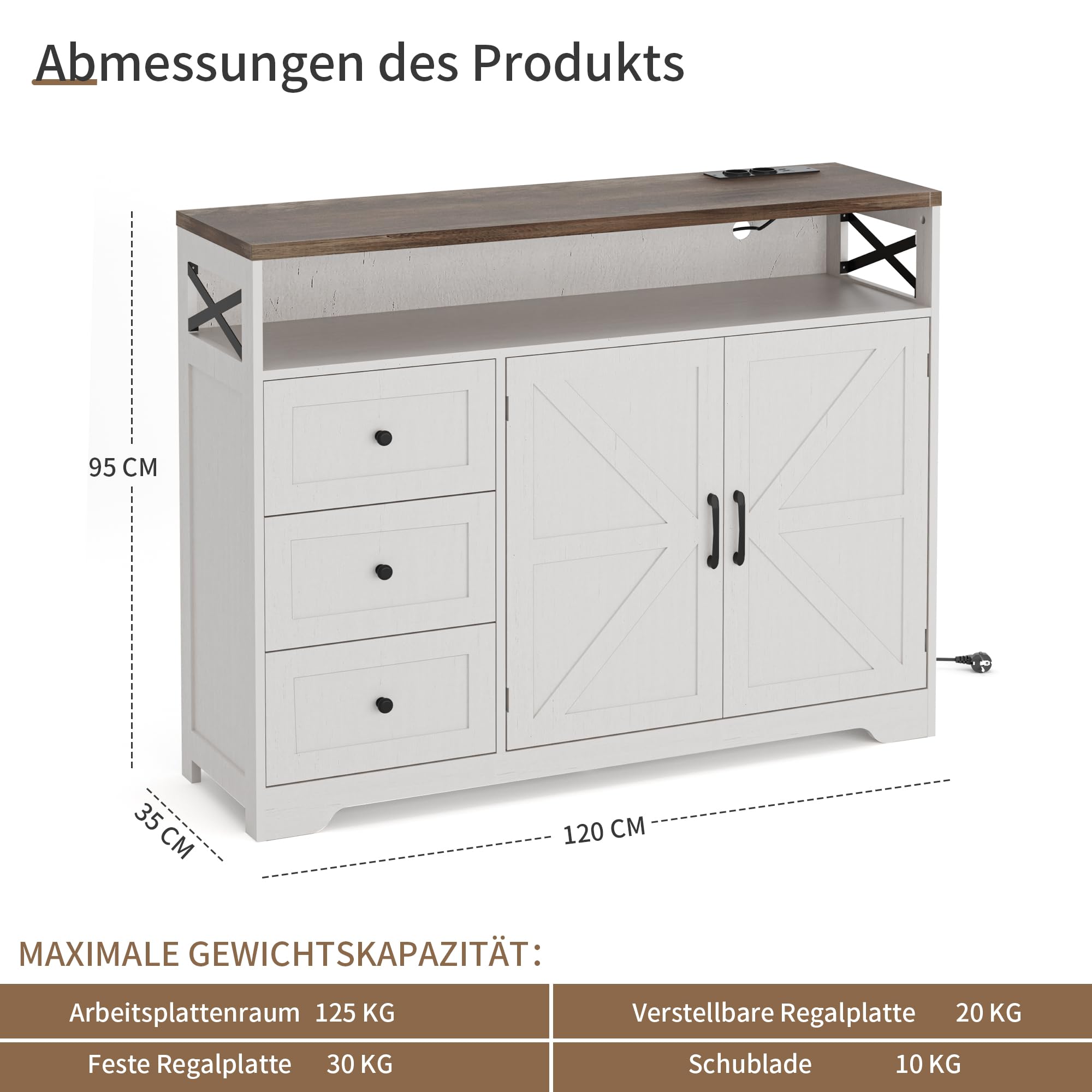 BonVache Sideboard, Küchenschrank mit Schubladen, Aufbewahrungsschrank, Anrichte mit Offenem Regal, Kaffeebar Schrank für Küche, Esszimmer, Wohnzimmer, 120 x 35 x 95cm, Cremeweiß in Holzoptik