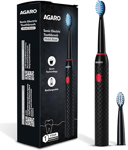 AGARO Royal Sonic Electric Toothbrush for Adults with 3 Modes, 19000 Strokes per minute, 2 Brush Heads, Dupont Soft Nylon Bristles, Rechargeable…