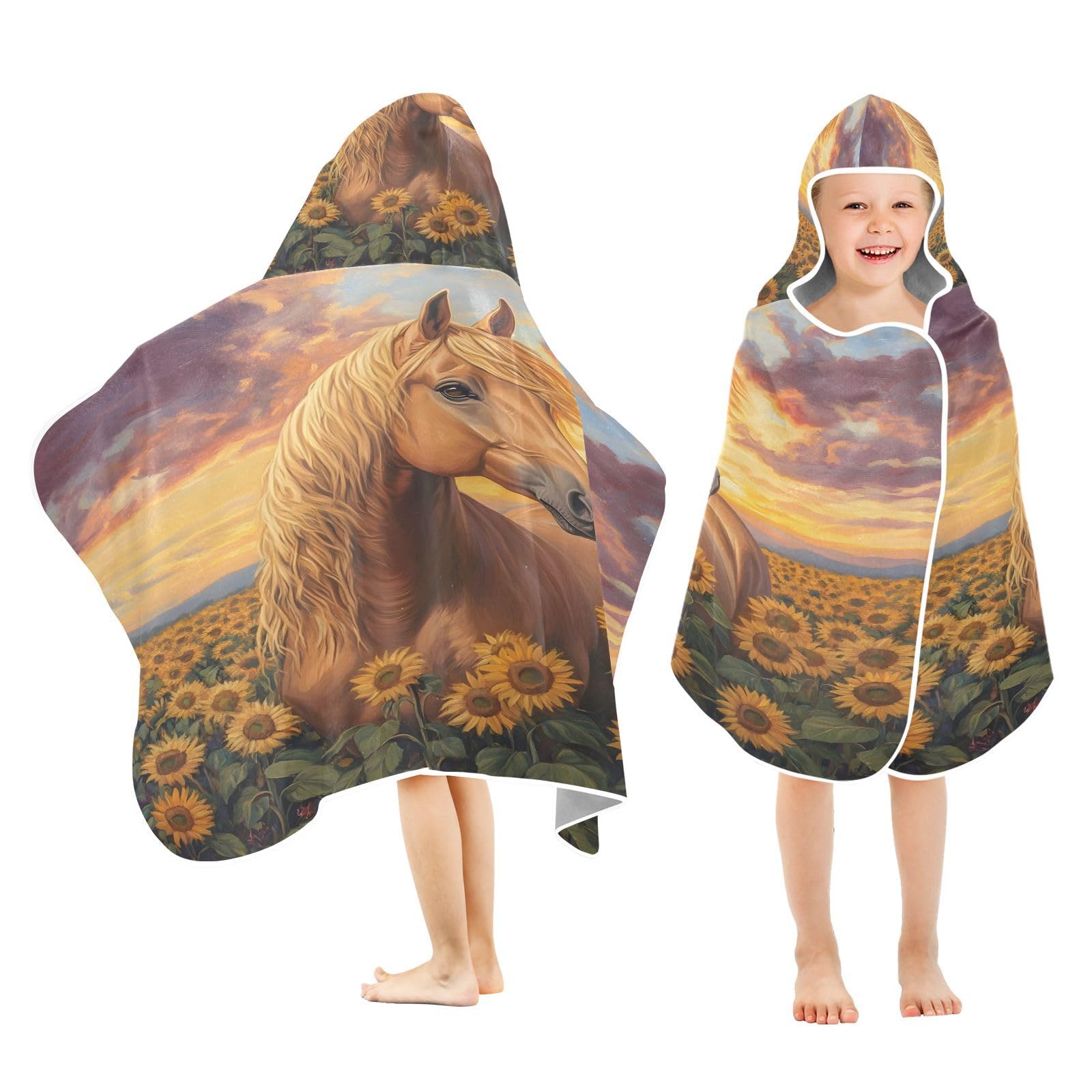 Kigai Horse Sunflowers Hooded Beach Towel for Kids Soft Absorbent Quick Dry Bath Towel with Hood Lightweight Toddler Shower Pool Bath Wrap for Boys Girls