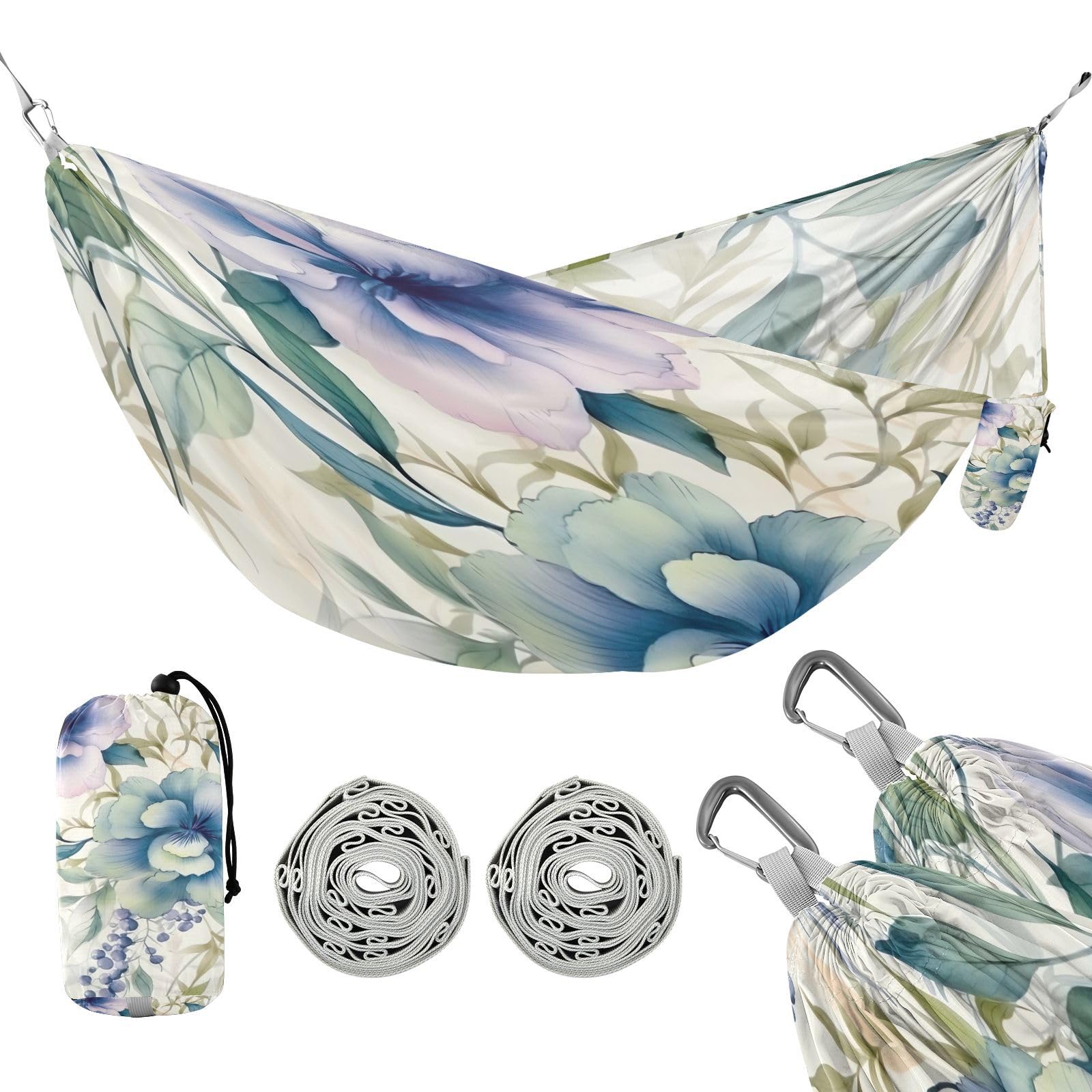 SDMKA Green Blue Floral Camping Hammock, 330 lbs with 2 Tree Straps, Carry Bag, Single Portable Hammock for Outdoor/Indoor, Hiking, Beach, Backpacking, Travel