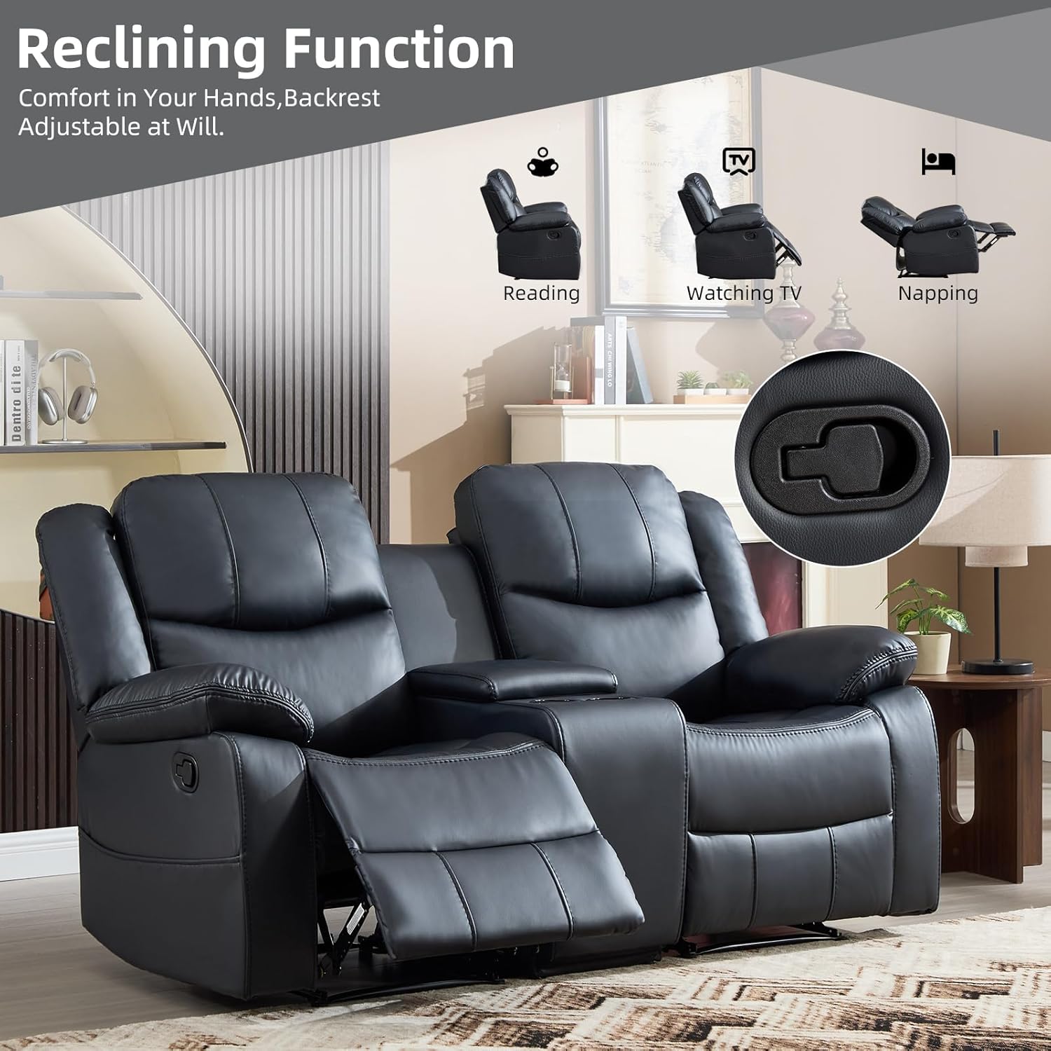 EBELLO Faux Leather Manual Reclining Loveseat, Mid-Century Modern Double Recliner Sofa with Center Console, Hidden Storage & Cup Holders, Apartment Living Room Use, Black
