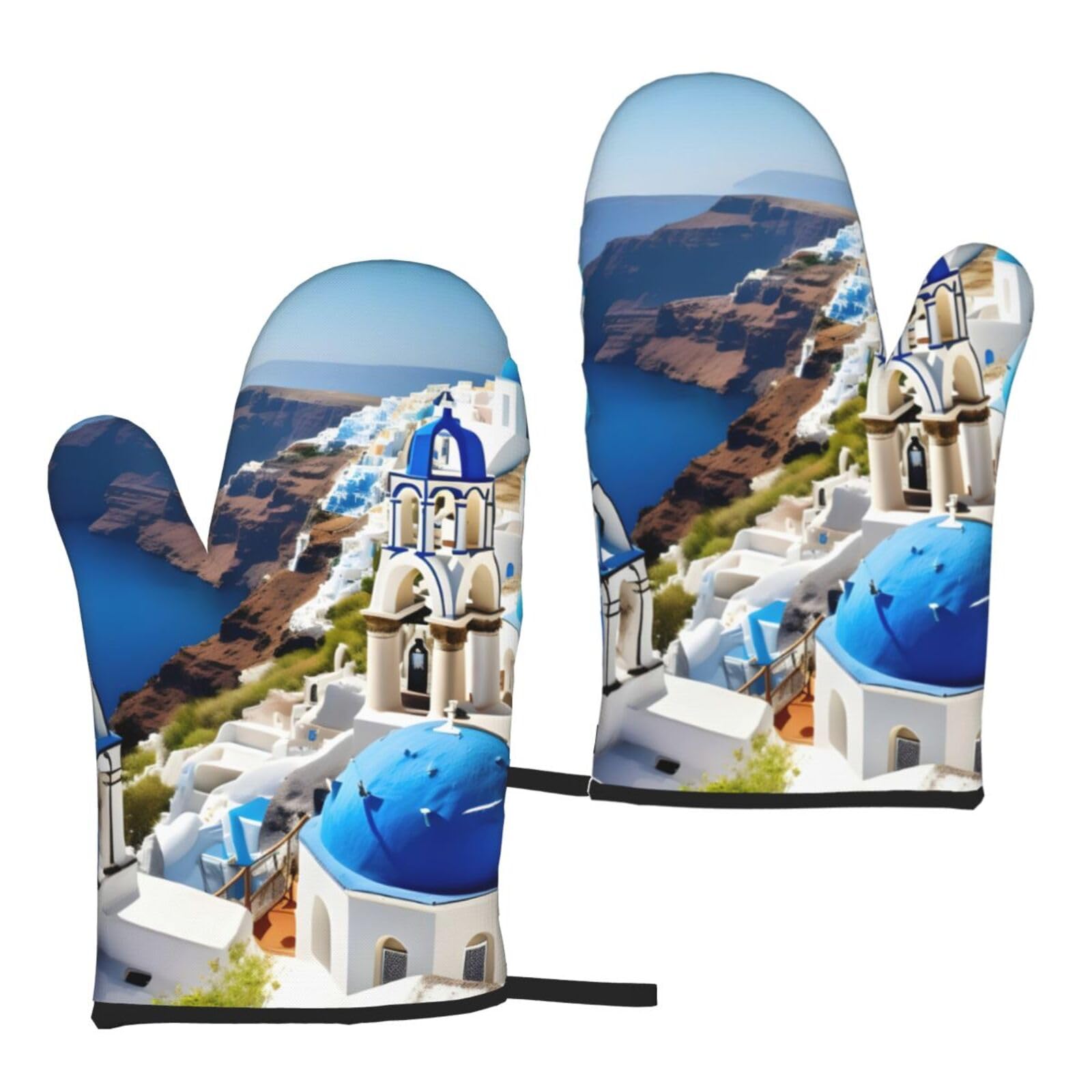 Nimongt Women's Black Greek Island Sea View Print Adults Universal Fit Heat Resistant Oven Gloves Reusable Cooking Outdoor Grilling