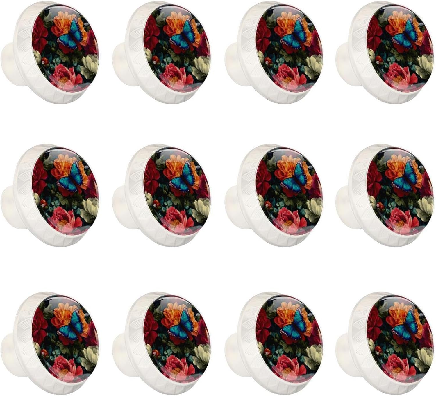 Black Round Floral Background with Butterfly (1) Cabinet Knobs, Decorative Printed Drawer Knobs with Long & Short Screws for Home Improvement