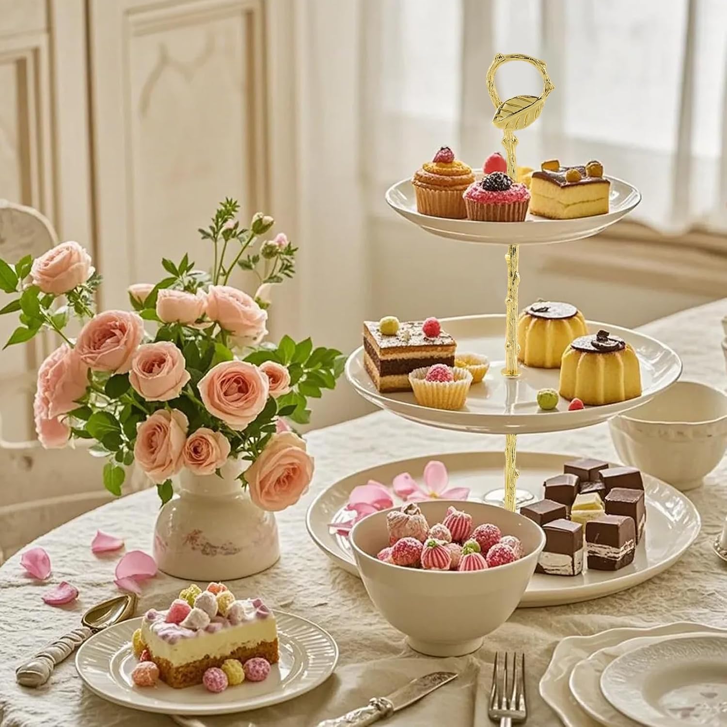 3 Set Metal 3 Tier Leaf Cake Stand Centre Handle Fittings, Fruit Heavy Plate Handle Fittings Hardware Rod(Gold)