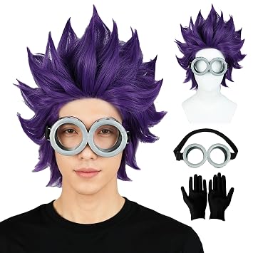 Purple Straight Men Women Purple Goggle Halloween Costume Cosplay Wig Two eye set