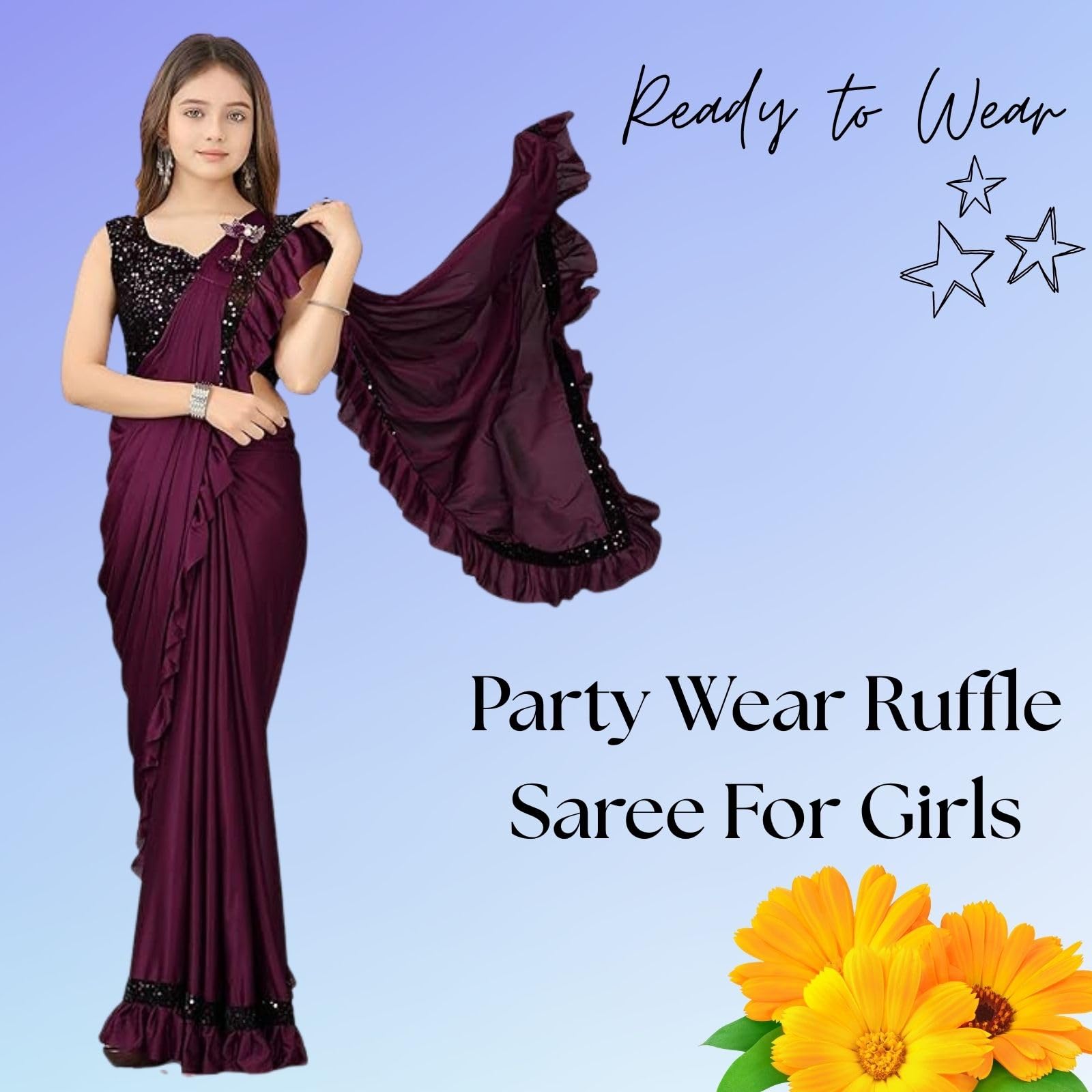 Dhyey fashion Girls Black Lycra Blend Saree with Ruffled Border and Unstitched Blouse Piece - Elegant Traditional Attire - Image 2 thumbnail