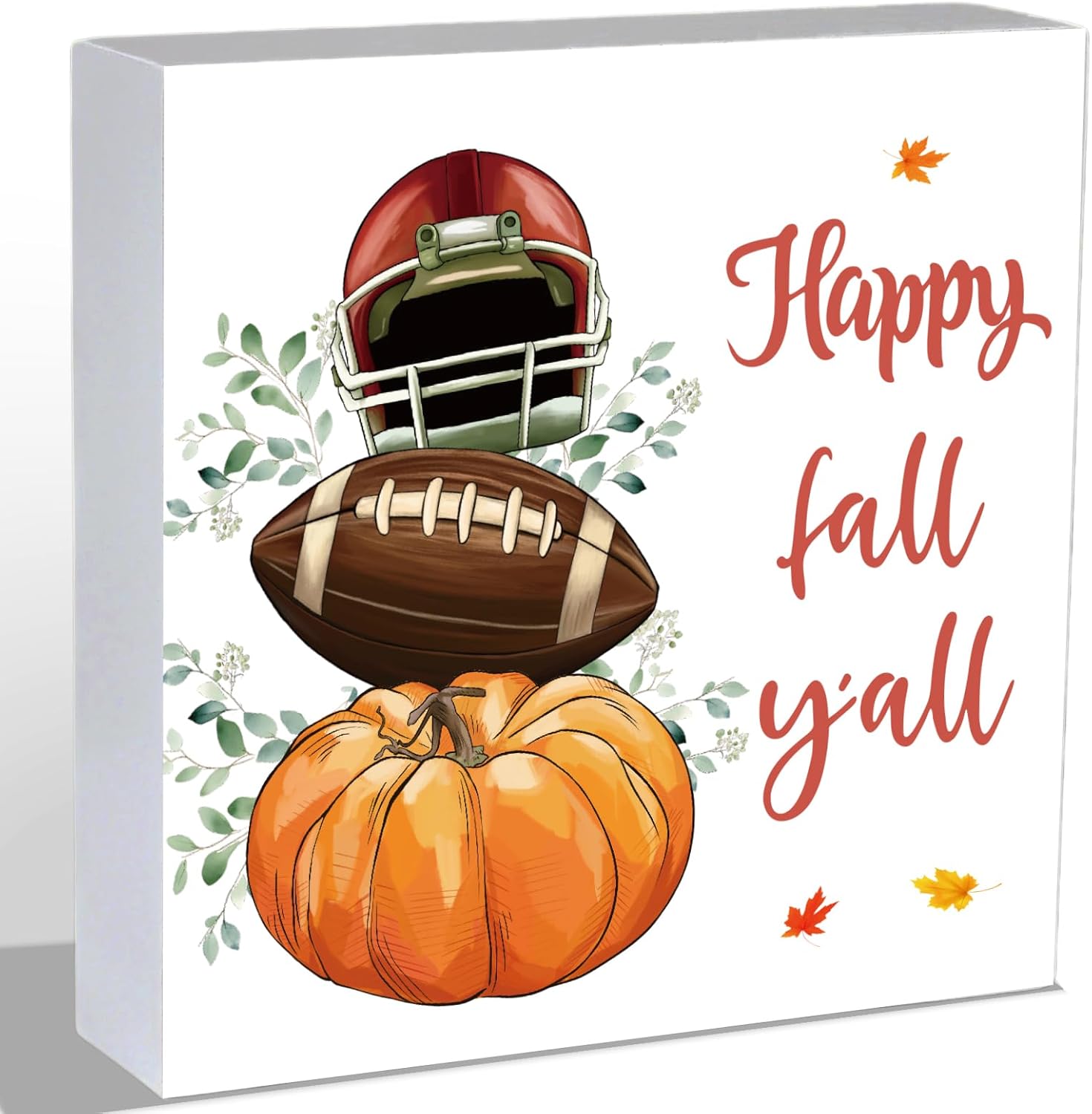 YUNKKIN Fall Decorations for Home Fall Decor Pumpkin Football Bathroom Home Room Table Wood Box Sign Rustic Wooden Shelf Desk Office Decor Season Sign House Warming Gifts 5.9 x 5.9 Inch
