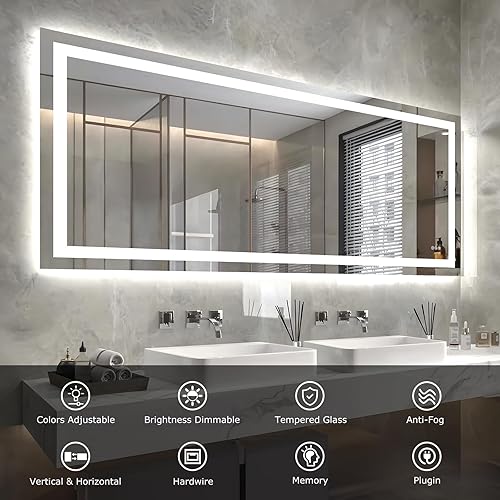 Miniatura 3 de Espejo de baño LED de 72 x 32 pulgadas con luces, antiniebla, regulable, retroiluminado + luz frontal, espejo inteligente de tocador de baño,