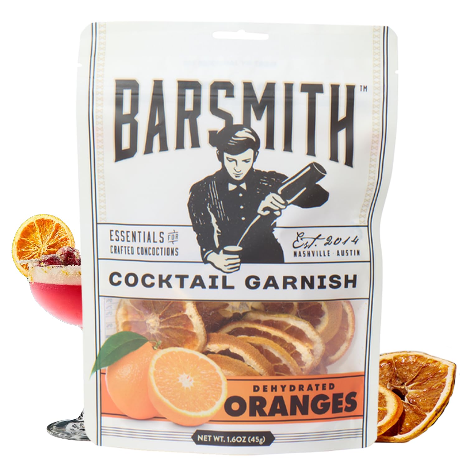 Barsmith Dehydrated Orange Slices - 100% Real Dried Oranges - No Sugars or Preservatives - Convenient & Long-Lasting Natural Cocktail Garnish for Mocktails, Sparkling Water & Teas- 1.6oz (Pack of 1)