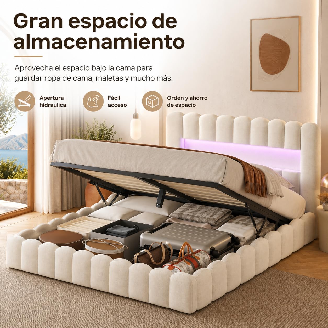 Cama Canapé Abatible 180x200cm con Almacenaje Hidráulico, Cama Matrimonio Tapizada con LED, USB y Tipo C, Cabecero Acolchado con Estante, Somier de Láminas Incluido, Lino Beige, Sin colchón