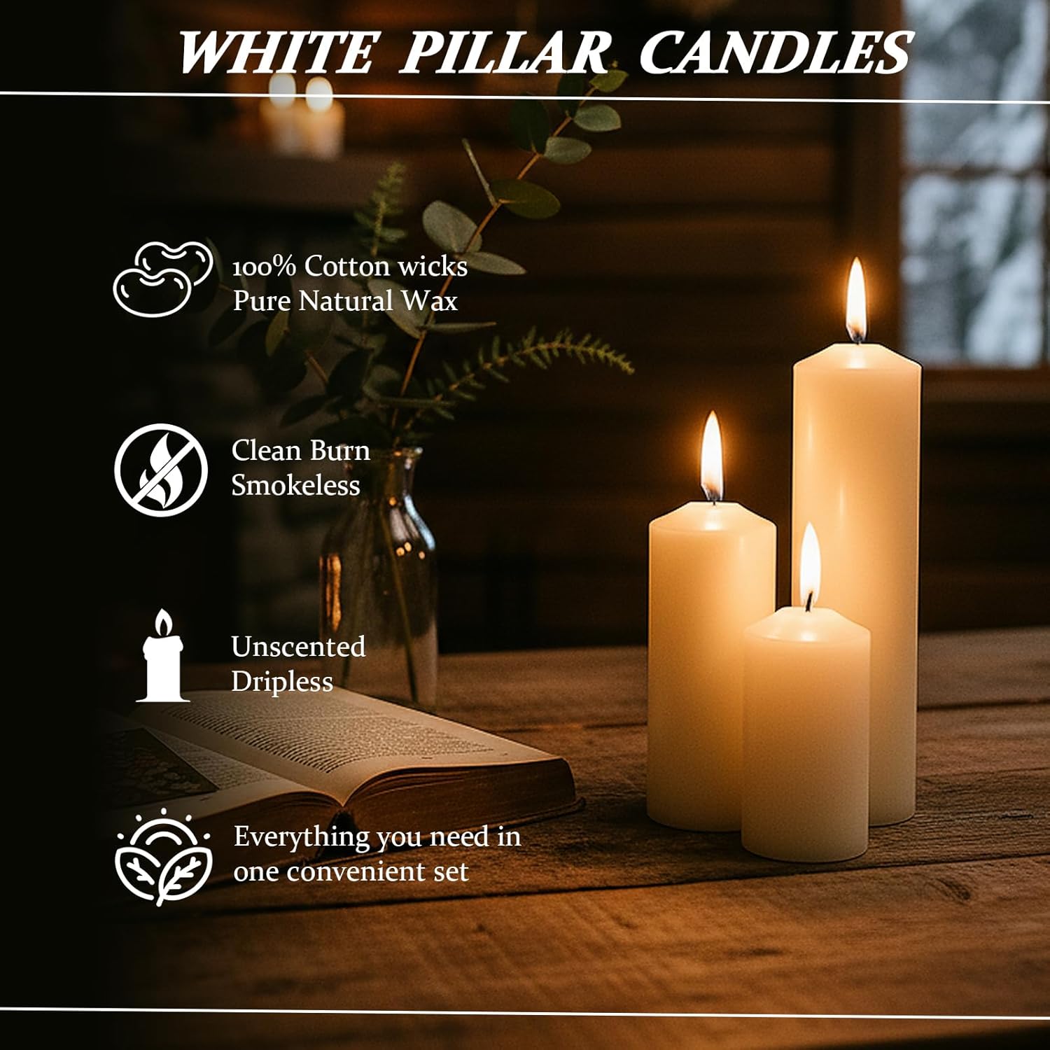 18 Pcs White Pillar Candles Bulk Set，Hurricane Candles，2x3 2x4 2x6 Inch - 12 Each Size，Dripless Unscented Smokeless，Gives You a Better Atmosphere When Organizing an Event Party.