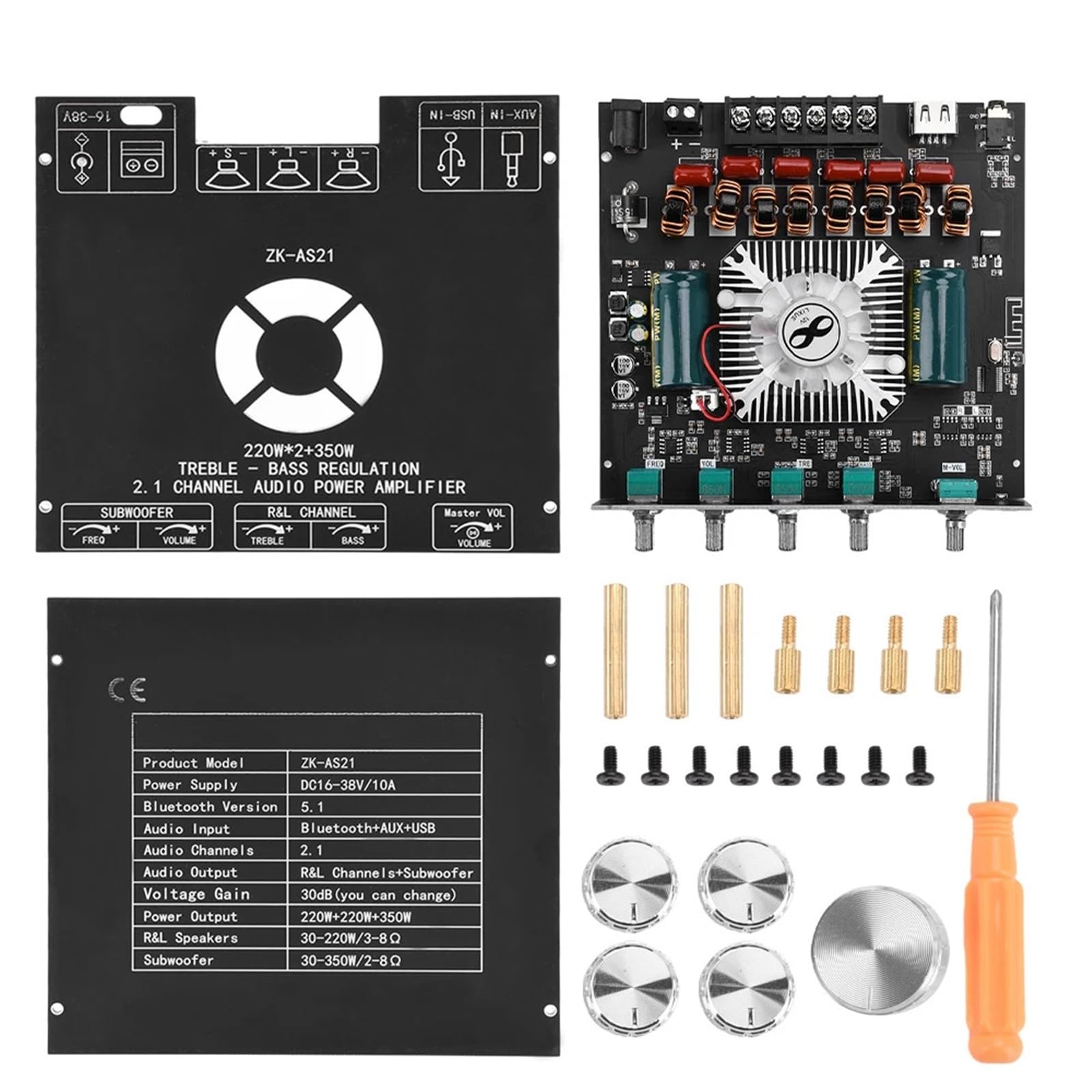 ZK-AS21 2.1 Channel Subwoofer Amplifier Board 220W*2+350W Stereo Audio Power Amplifier Board Bass AMP Module TPA3255