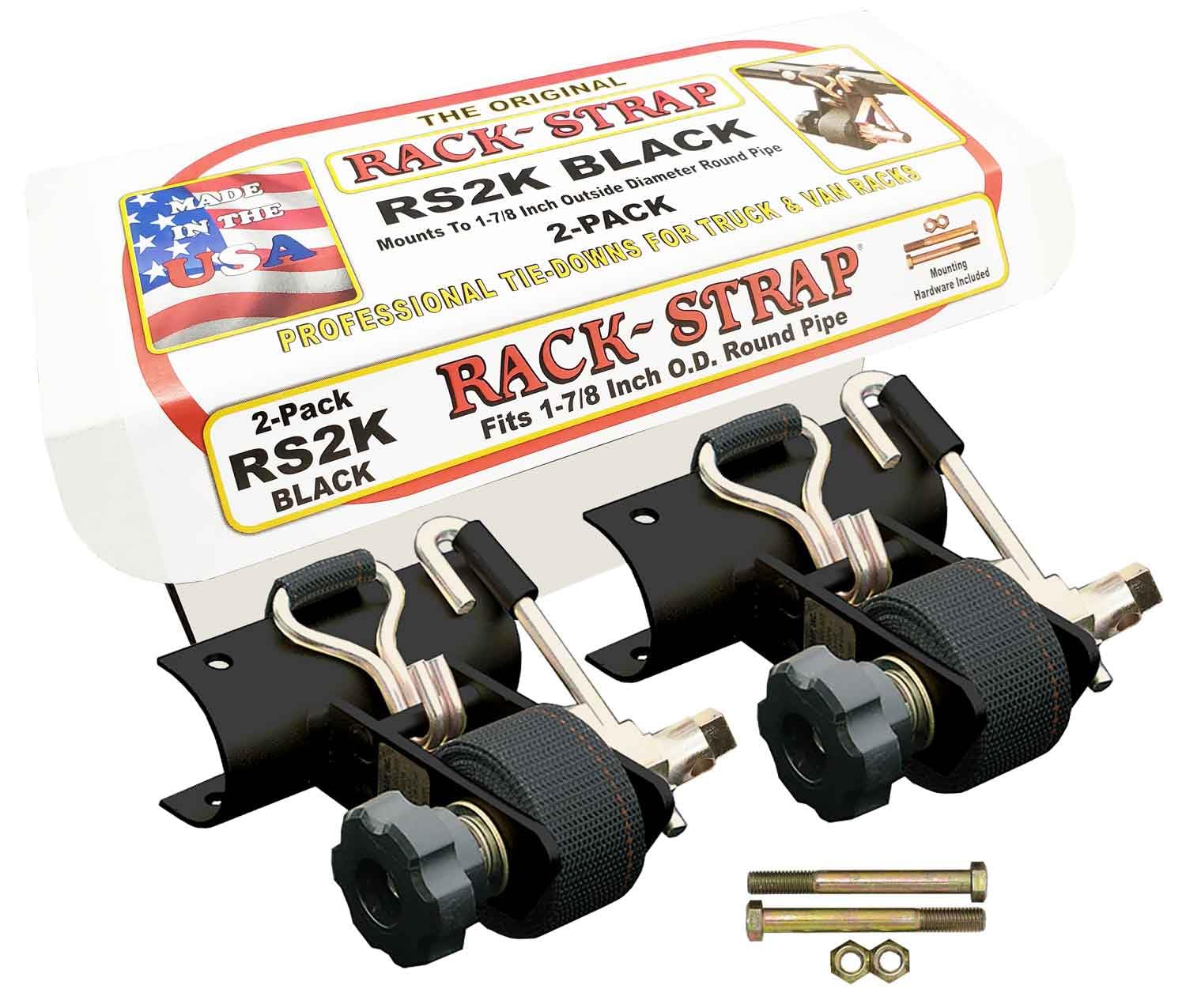 2 Pack, Rack-Strap, The Original American Made Ladder Rack Tie-Downs, Round Mounting Bracket, RS2K Black 1-7/8 Inch Diameter Round Mounting Bracket,