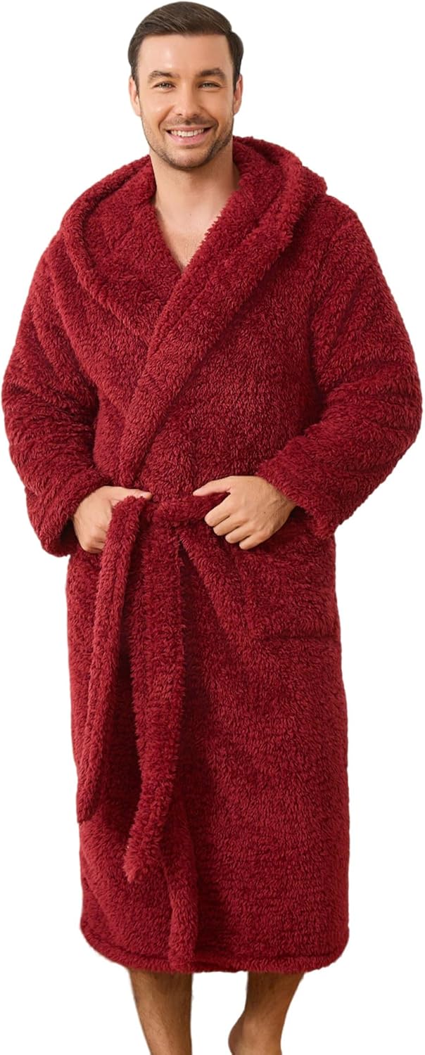 U2SKIIN Men Plush Fleece Hooded Robe, Soft Warm Long Bathrobe with Pockets, Cozy Shower Robe for Men Loungewear