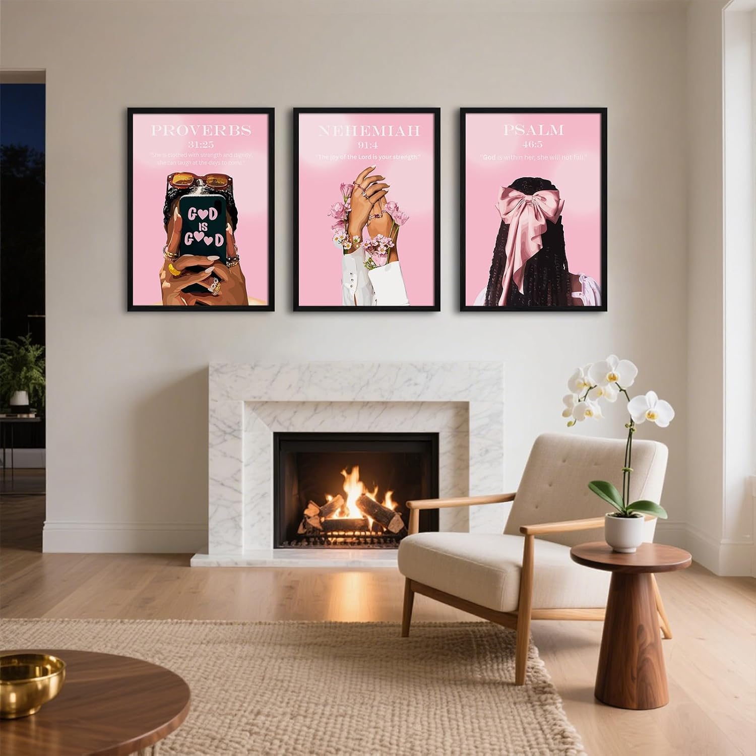Black Girl Wall Art Pink Christian Canvas Poster Bible Verse Wall Decor African American Woman Pictures Fashion Black Women Prints Trendy Faith Scripture Painting for Bedroom 12x16 Inch Wood Framed
