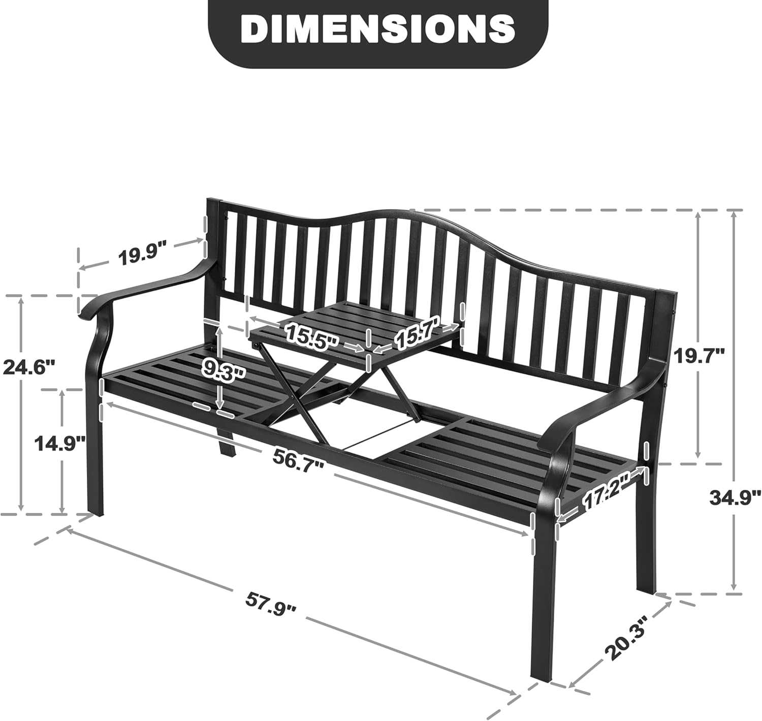 NUU GARDEN Outdoor Garden Bench with Built-in Small Table, E-Coated Metal Patio Bench for Porch, Lawn, Yard, Garden, Poolside, Black