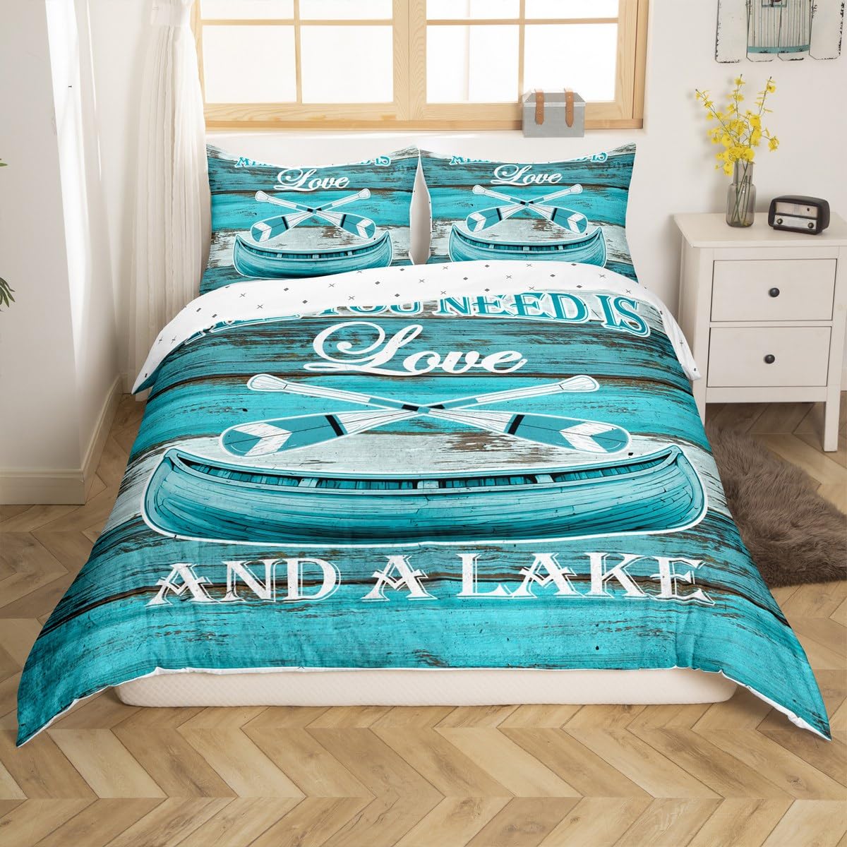 jejeloiu Lake House Duvet Cover Toddler Size Rustic Wooden Bedding Set for Kids Farmhouse Decor Paddle Teal Blue Comforter Cover Teens Ultra Soft Decor Zipper Closure All Season Breathable Lightweight