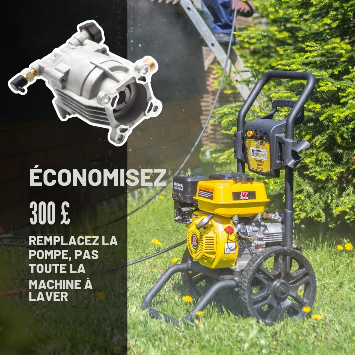 Pompe nettoyeur haute pression 3000 PSI 200 bar – Pompe horizontale 8,5 L/min 6,5 HP – Remplacement pour nettoyeur essence tête aluminium – Waspper PA000-PW28/2.5