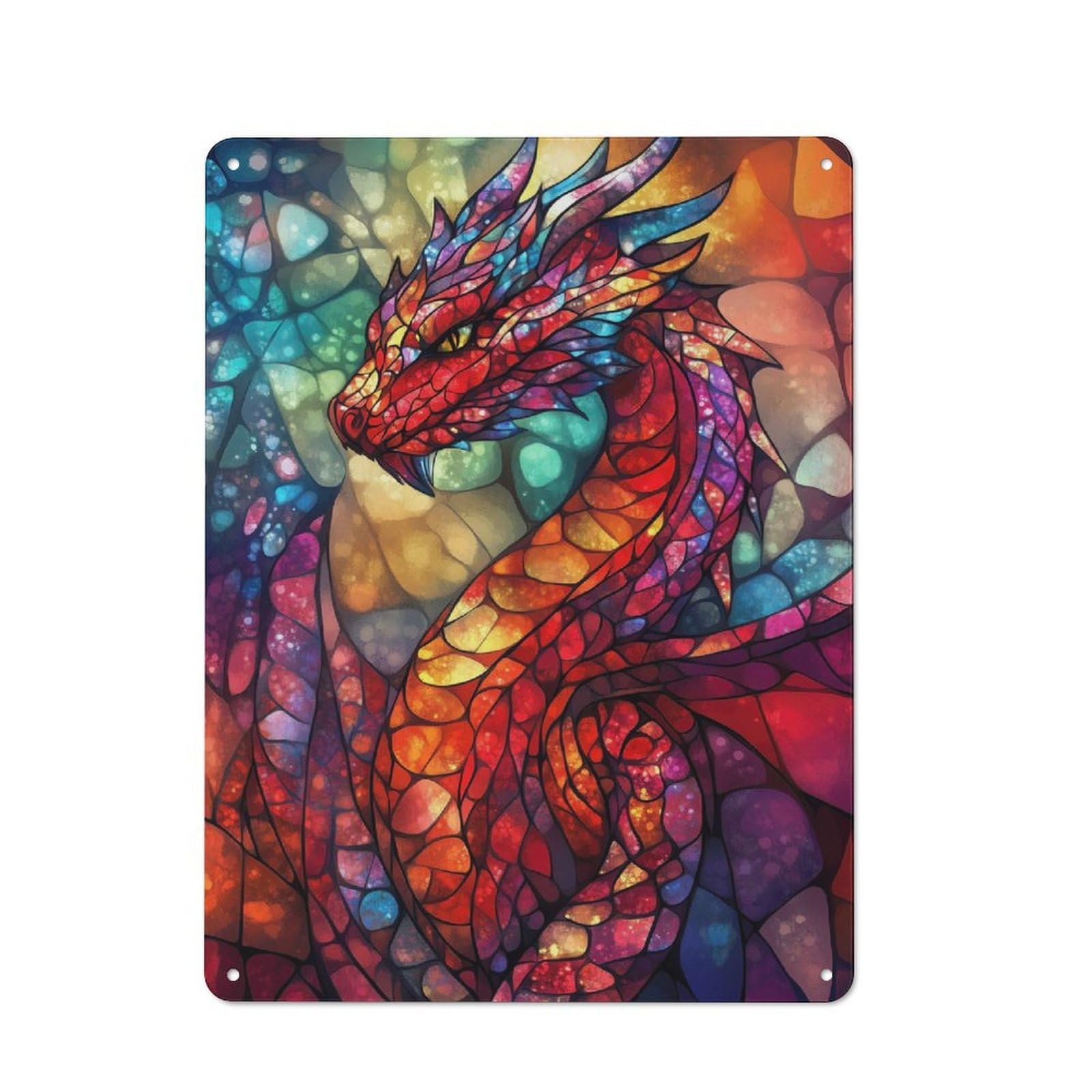 Understated Office Metal Sign 40x30cm Featuring Glowing Stained Glass Dragon, Studio Wall Plaque for Office, Study, Studio Or Hallway
