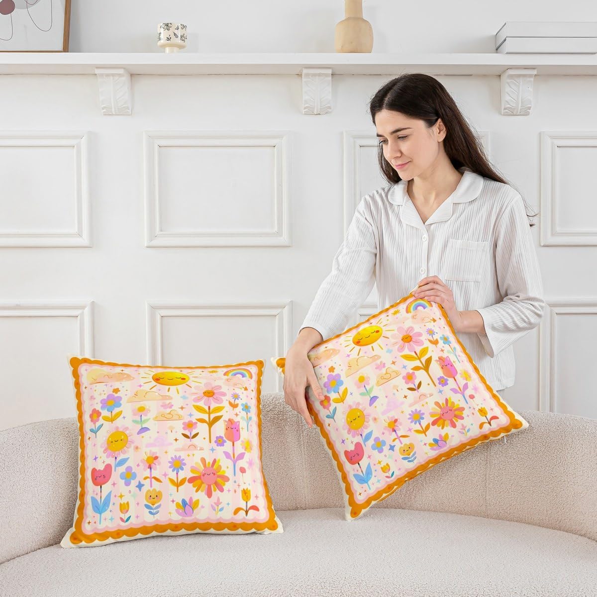 Manfei Kids Cartoon Cute Floral Double Sides Print Pillow Cover,Cute Flower Pillowcase Soft Square Cushion Case 24"x 24",Kawaii Sun Cloud Leaves Throw Pillow Covers for Living Room Decor image 2