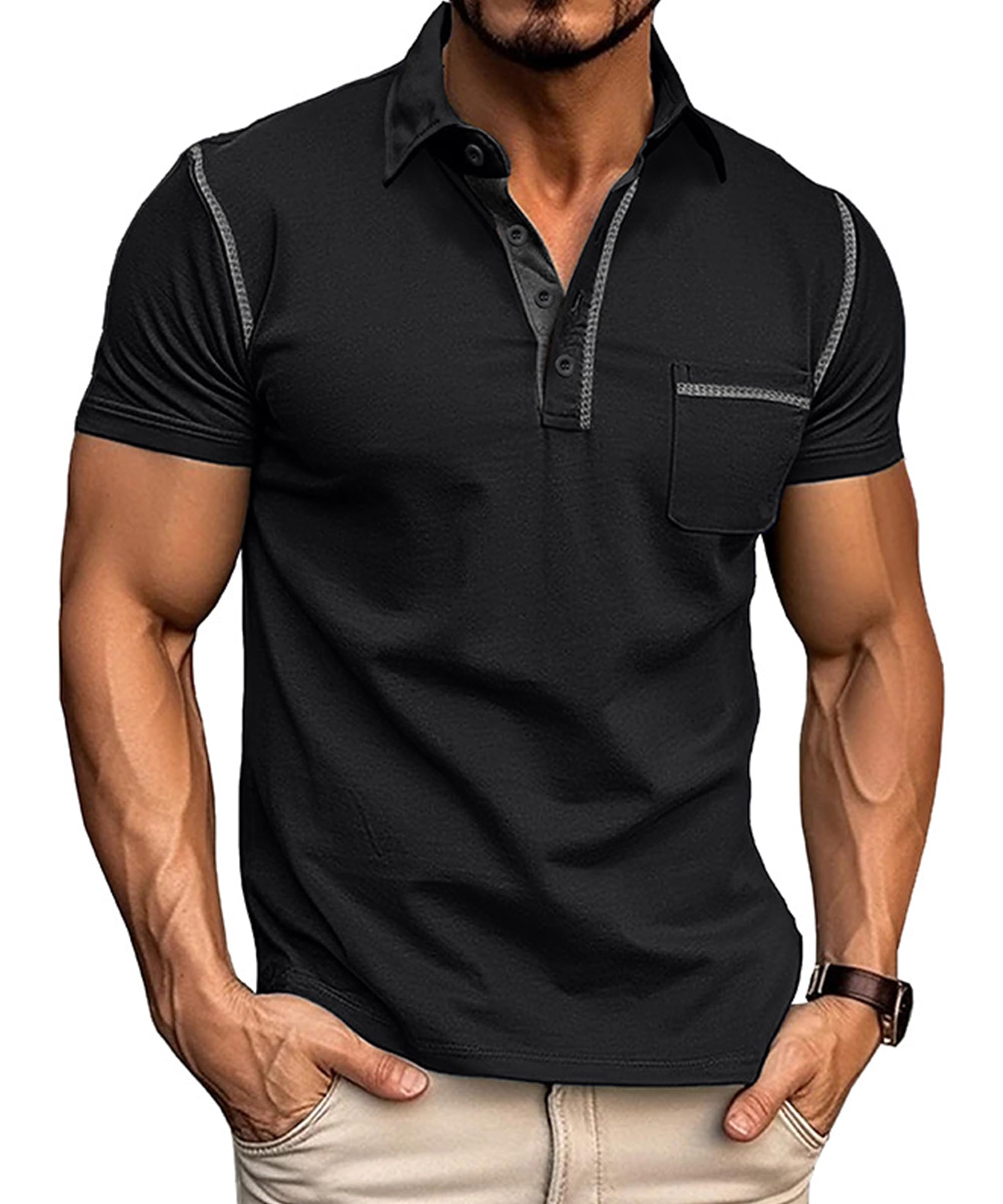 Gleam Ledra Polo Shirts for Men Basic Short Sleeve Shirt Button Solid Color Casual Tees Golf Stylish Tops