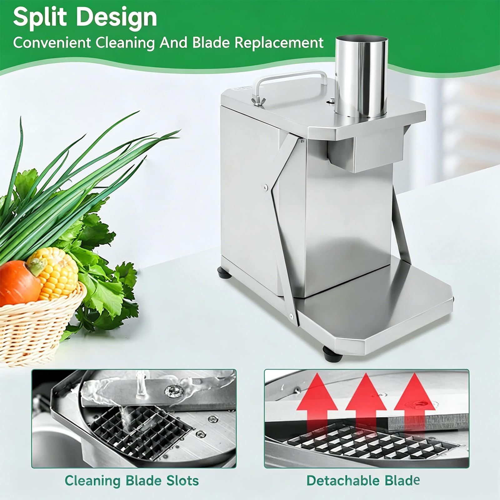 Robot da Cucina Professionale Taglia Verdure a Cubetti - 5 Griglie 6-15mm - Automatico, Sicuro - 165 lb/h - Acciaio Inox Lavabile - per Ravanelli, Sedano 8mm