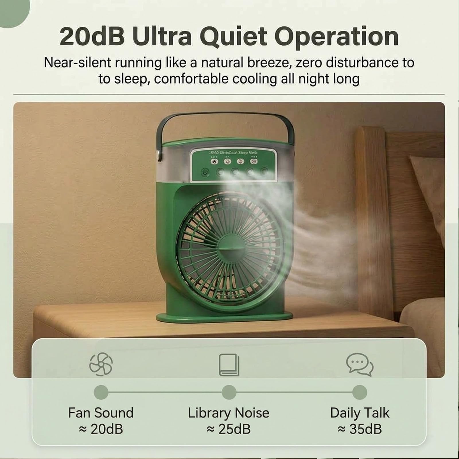 Ventilateur Brumisateur Portable Rechargeable Green | Réservoir D’Eau 600mL, Refroidissement À 3 Vitesses, Design Alimenté Par Batterie, Pour Camping Extérieur Maison Bureau