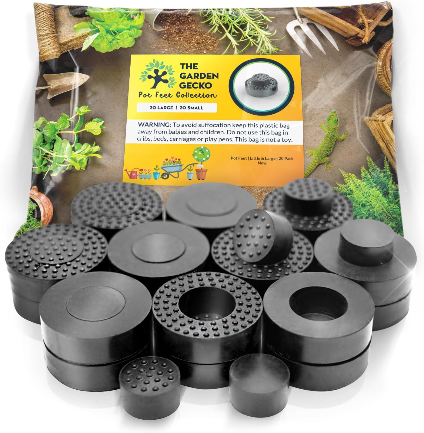 The Garden Gecko Little & Large Invisible Pot feet for outdoor plant pots and flowers | A plant caddy with floor grip | 20 PACK dual size